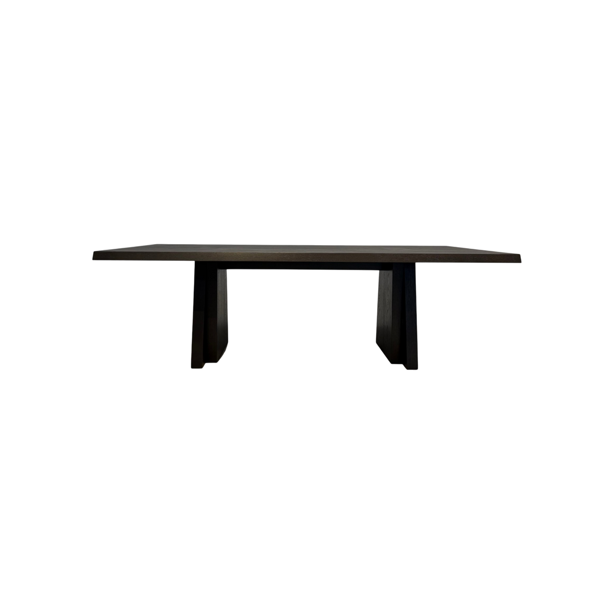 Oblique 120-inch Dining Table in dark wood with a long rectangular top and two angular trapezoidal pedestal bases.