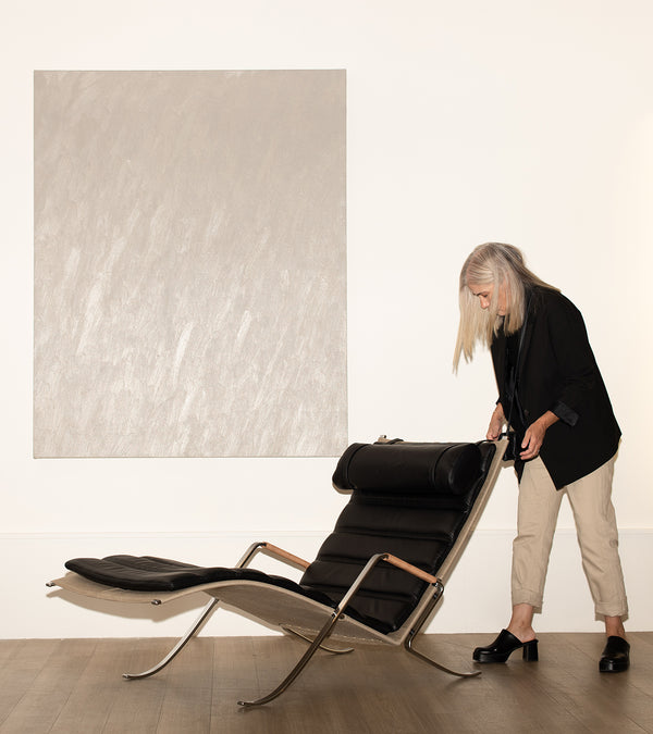 MARCIA HAFIF, NEUTRAL MIX PAINTING: FEBRUARY 3, 1977, <br>CADMIUM RED MEDIUM, CHROMIUM OXIDE OPAQUE, 1977<br>FK 87 GRASSHOPPER CHAISE<br>abstracts at home, 2022
