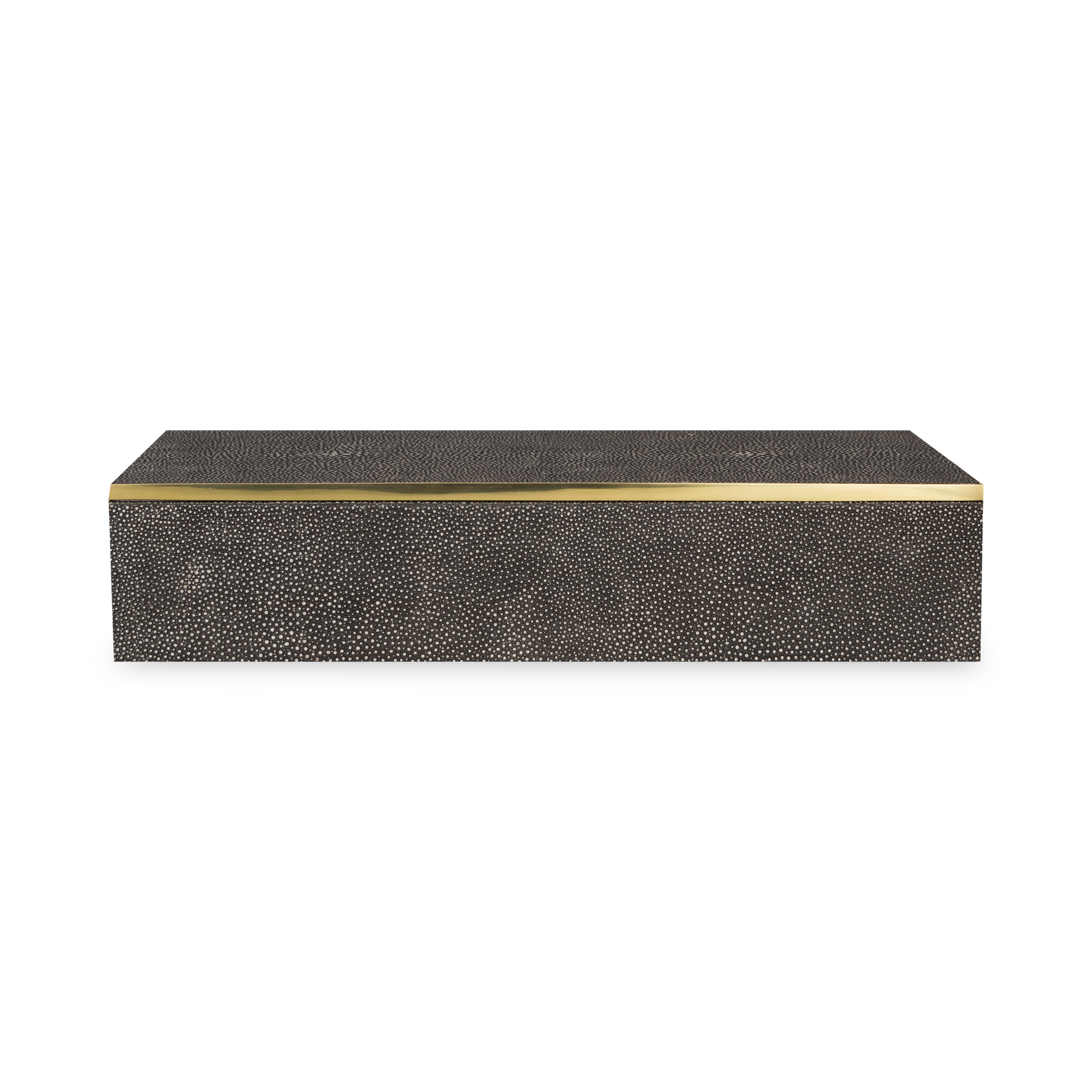 Stay organized with this box wrapped in luxurious shagreen with brass accents and velvet backing.