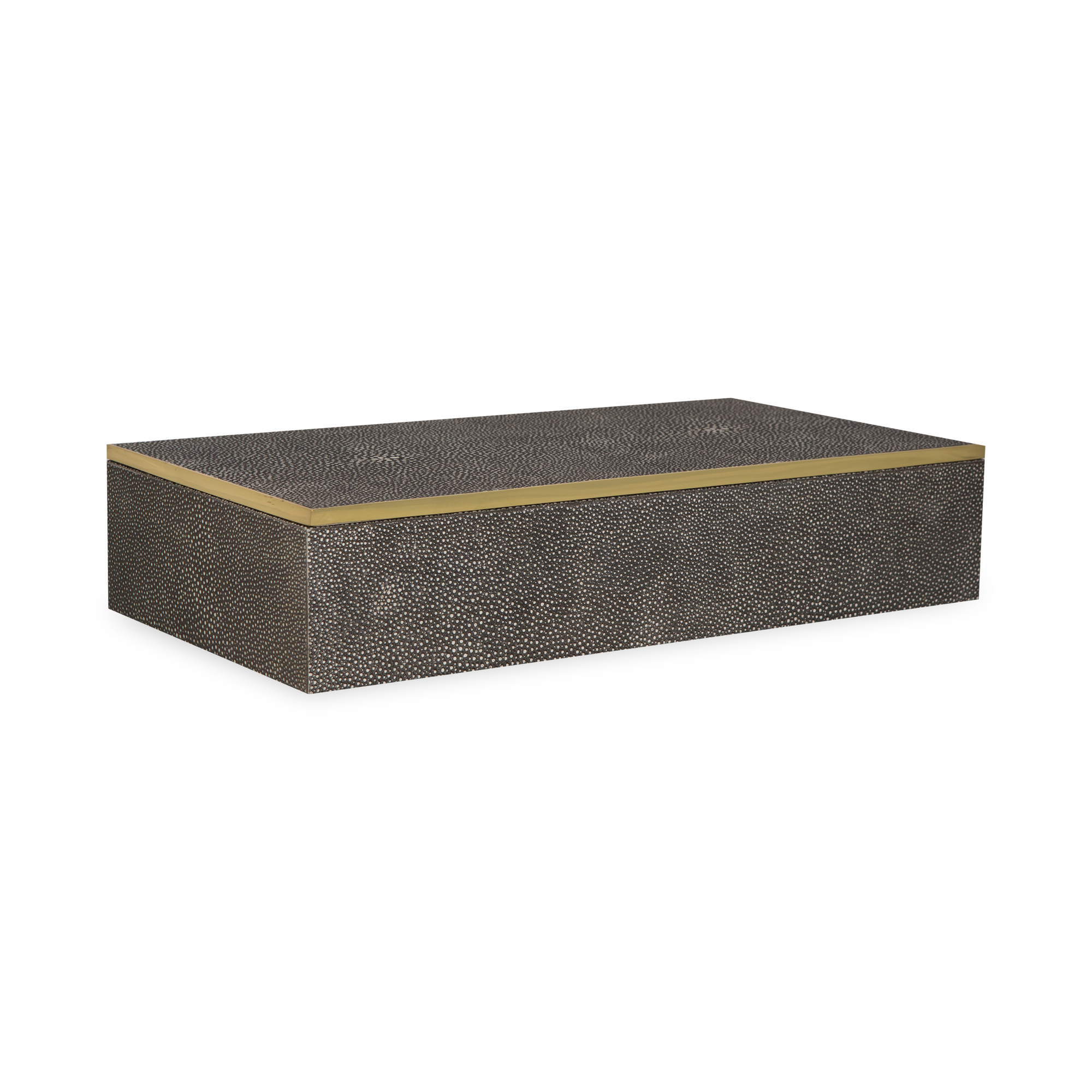 Stay organized with this box wrapped in luxurious shagreen with brass accents and velvet backing.