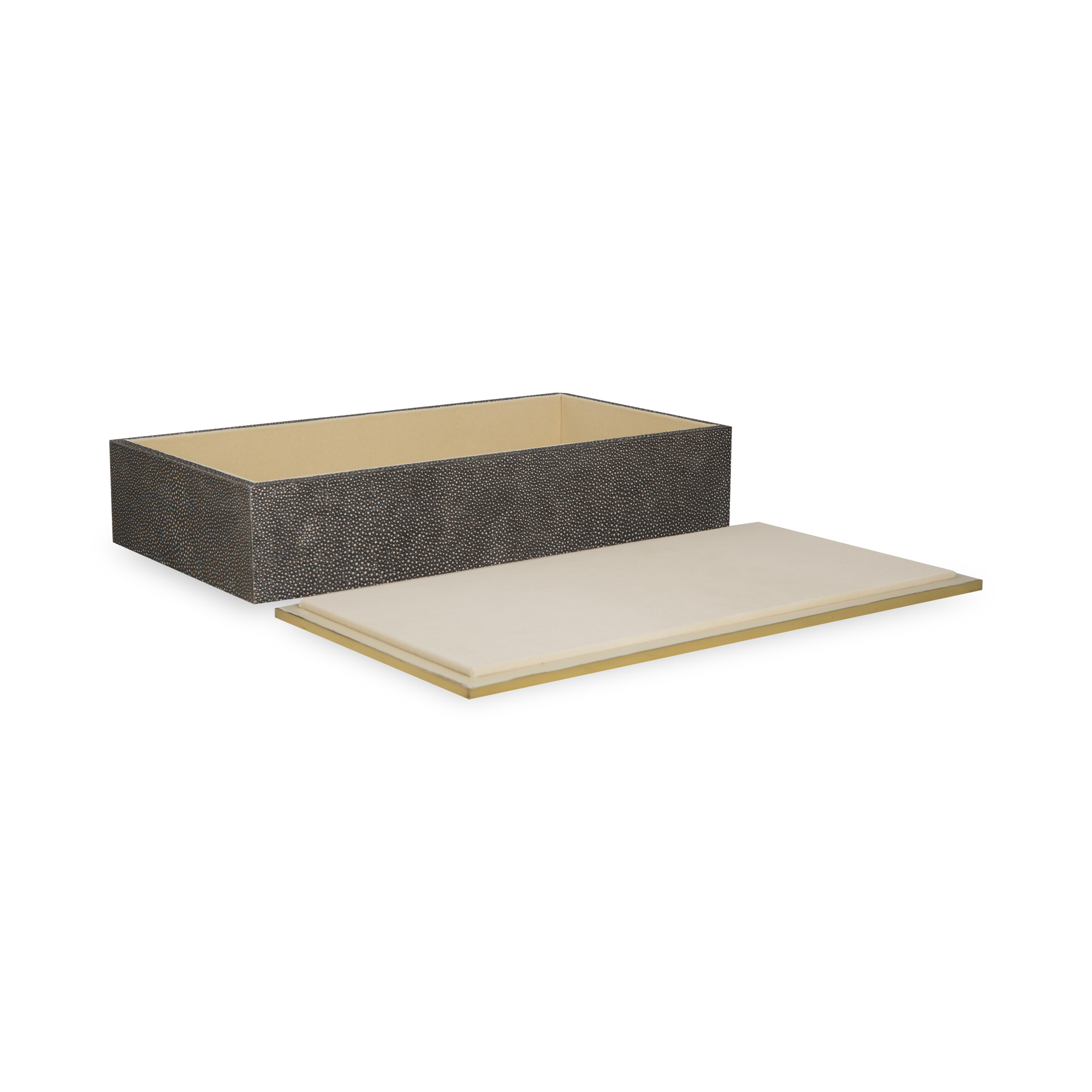 Stay organized with this box wrapped in luxurious shagreen with brass accents and velvet backing.