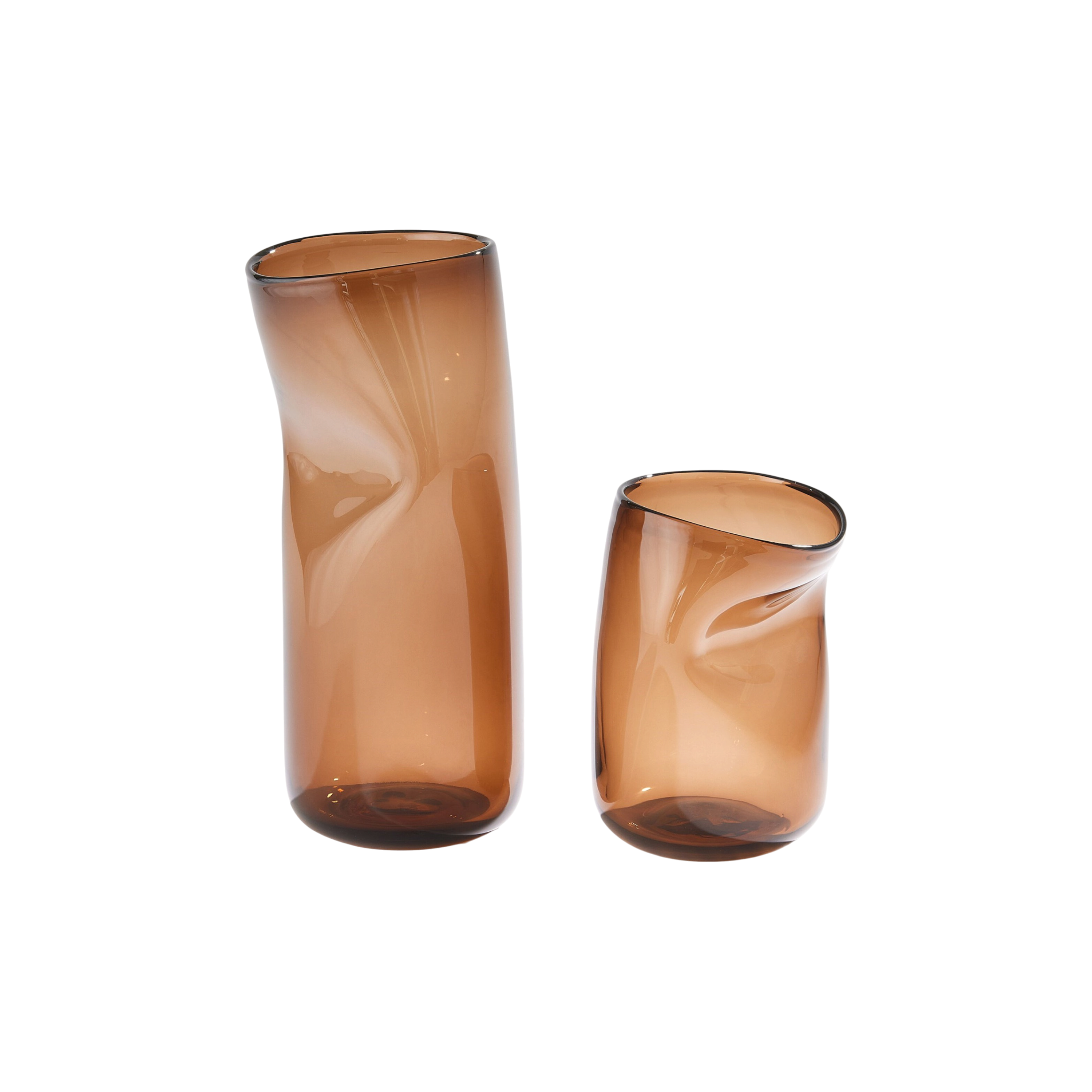 Contour Vase 15-inches and 9-inches in warm tobacco-coloured glass, shown together with softly curved silhouettes, pinched sculptural contours and asymmetrical openings.