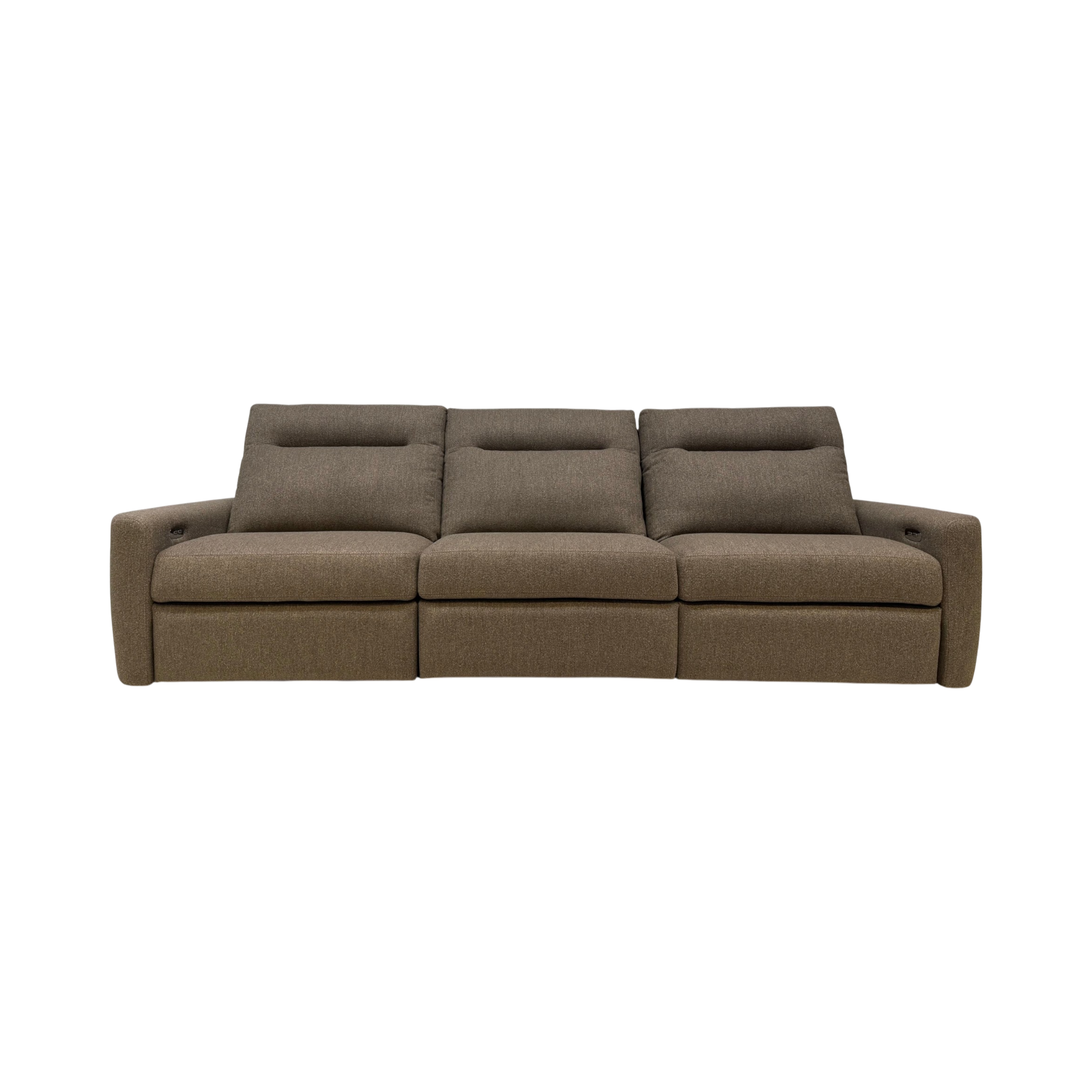 A modern three-seater sofa upholstered in a textured taupe-brown fabric, shown from a straight-on front angle against a solid white background.