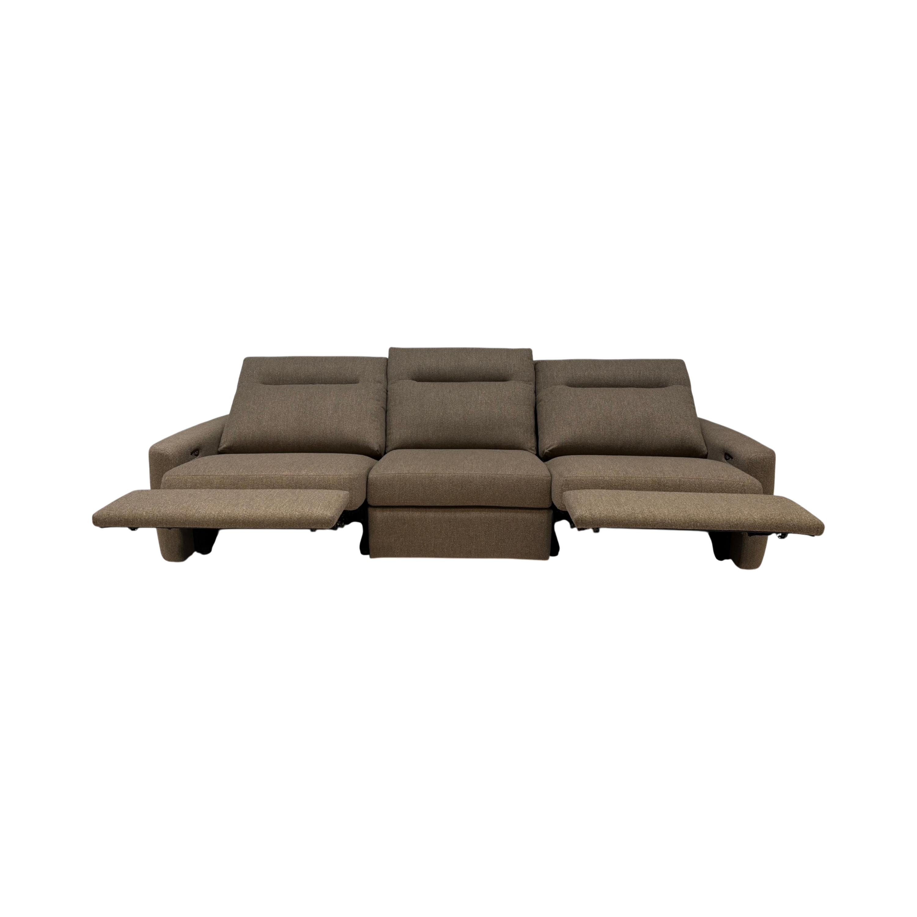 A three-seat reclining sofa upholstered in a textured taupe-brown fabric, shown with both footrests extended against a plain white background.