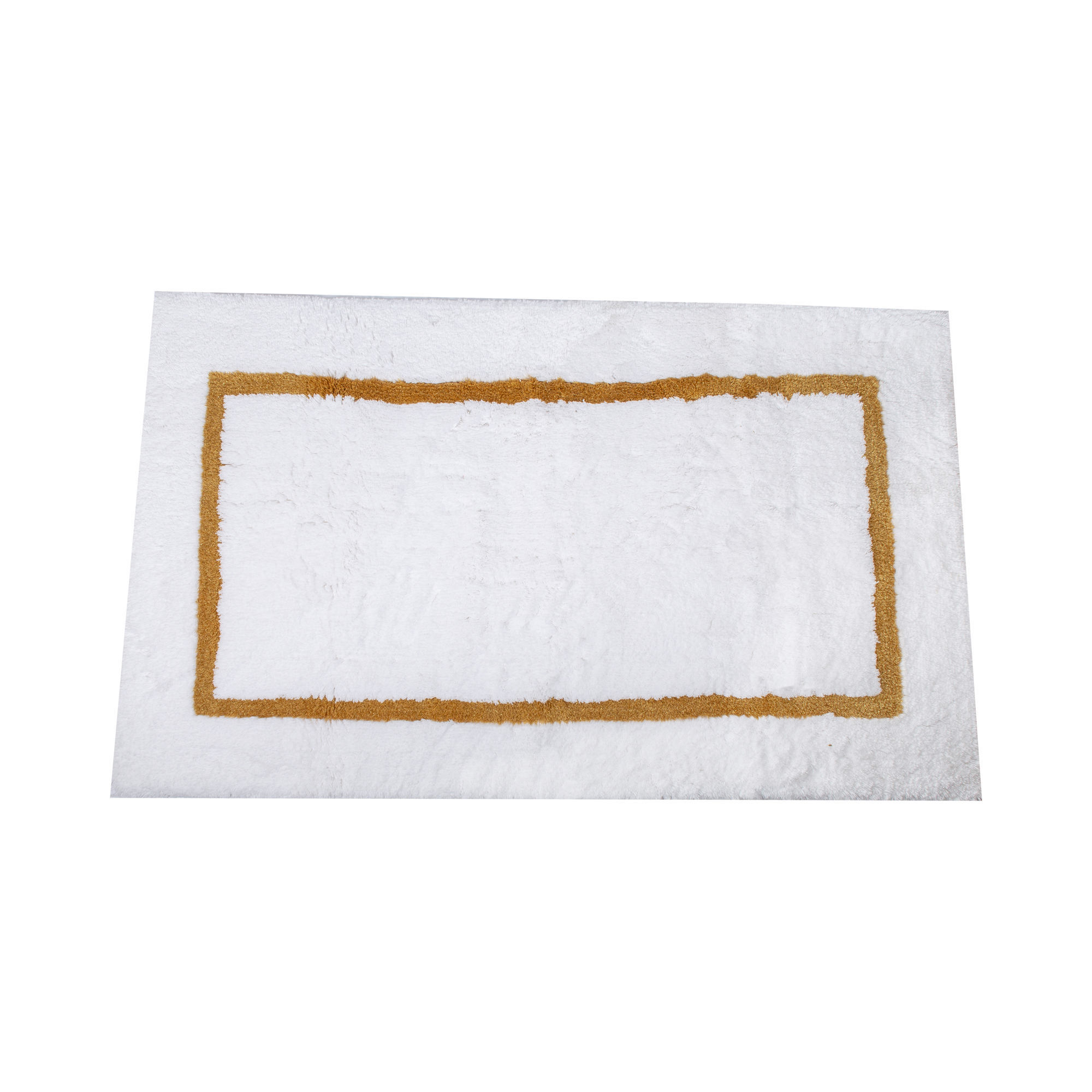 A luxurious white and metallic bath rug.