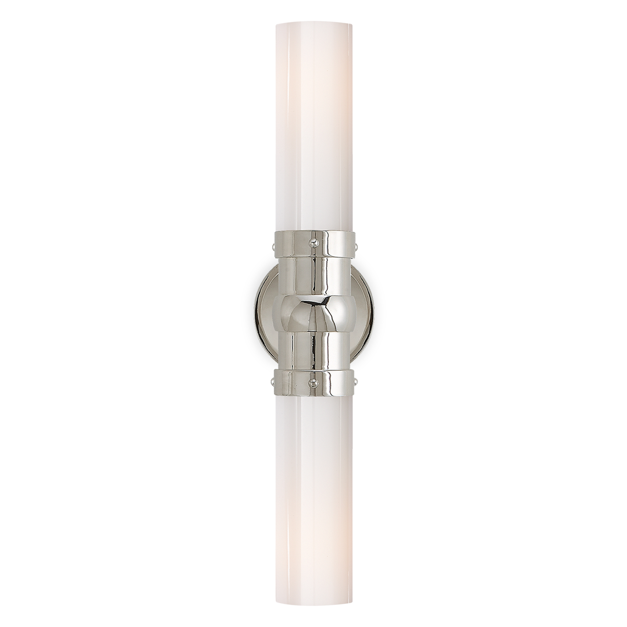 The Graydon Double Sconce in Polished Nickel with White Glass was designed Thomas O'Brien.
