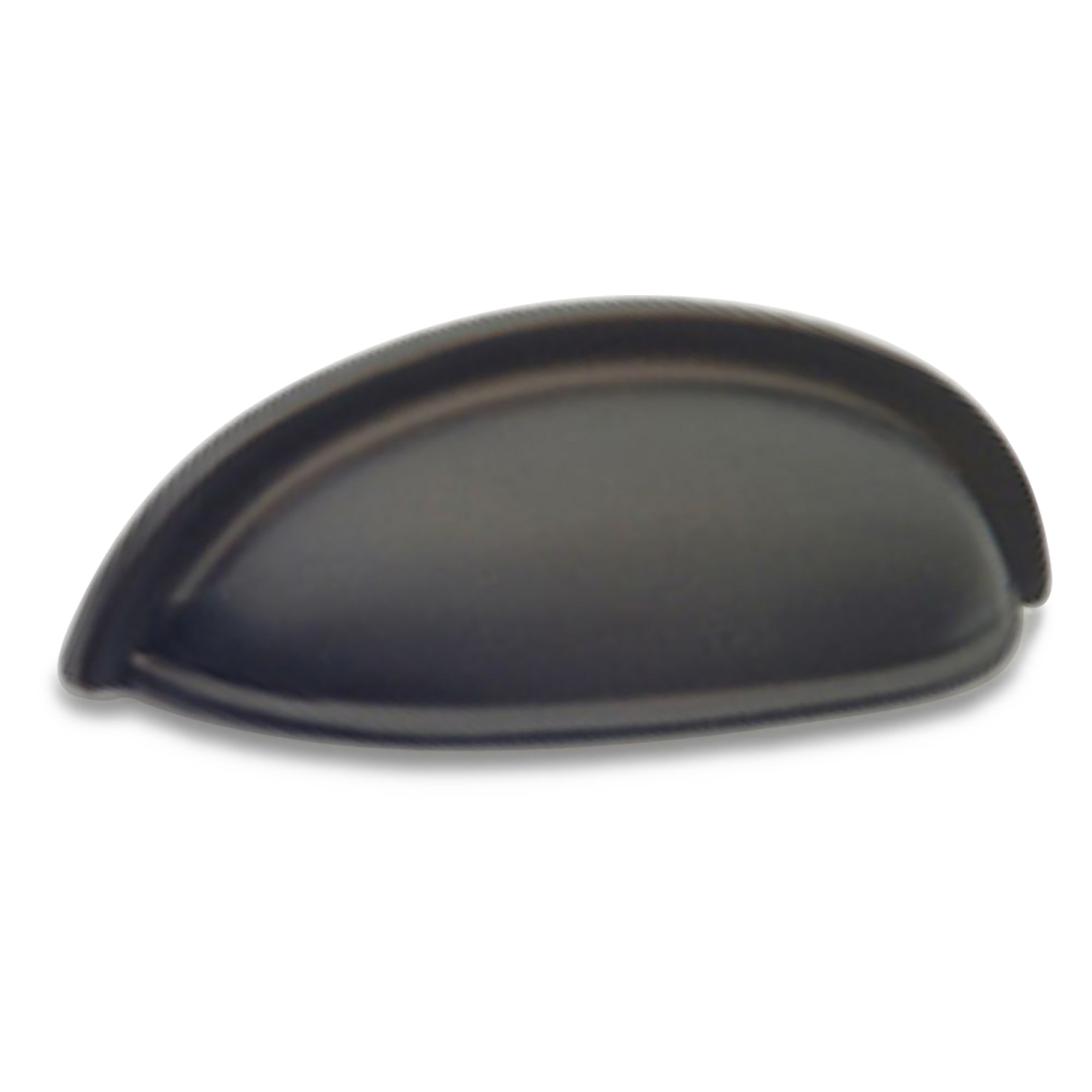 A contemporary cup pull with ridged edging.