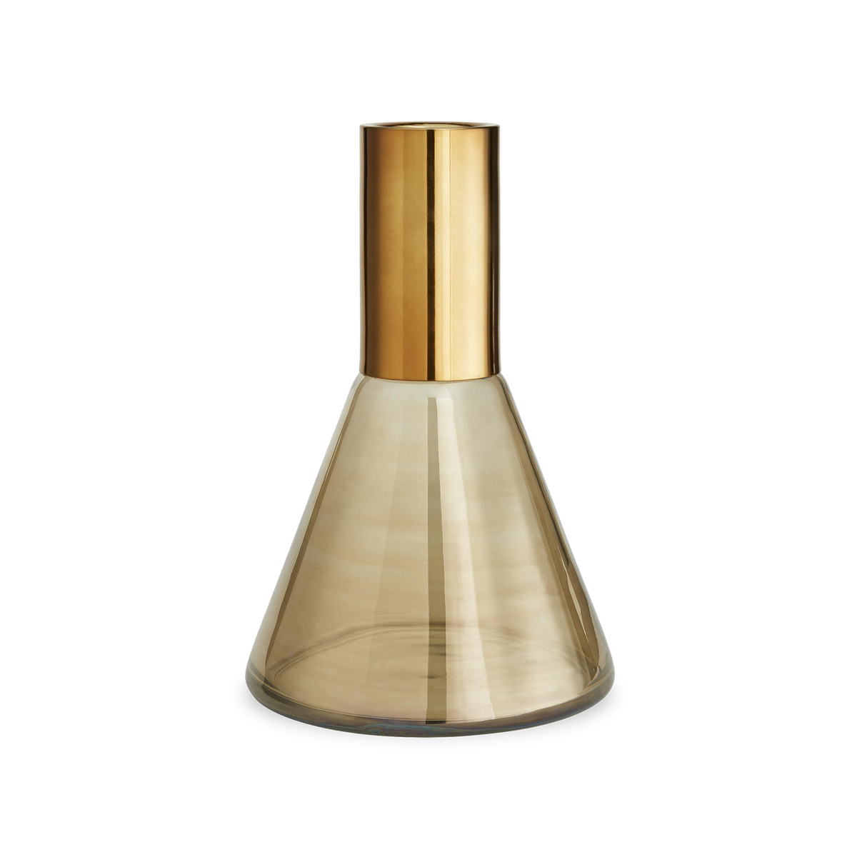 Modern in form, smoke luster glass with antique brass necks unite to create each individually shaped piece.