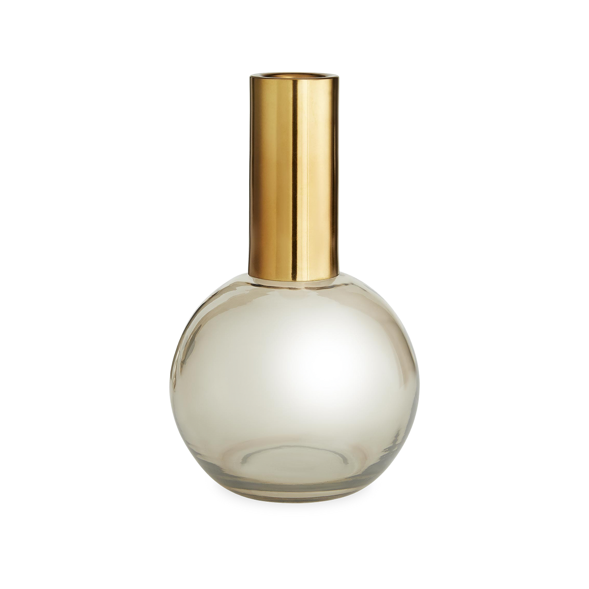 Modern in form, smoke luster glass with antique brass necks unite to create each individually shaped piece.