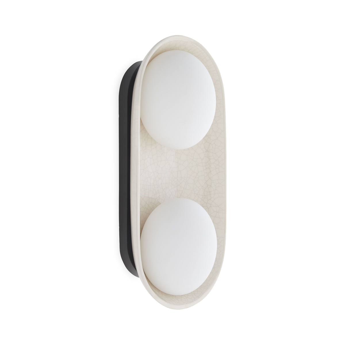 A stunning ivory stained crackle glaze brings warmth and depth to this uniquely modern, minimalist design.