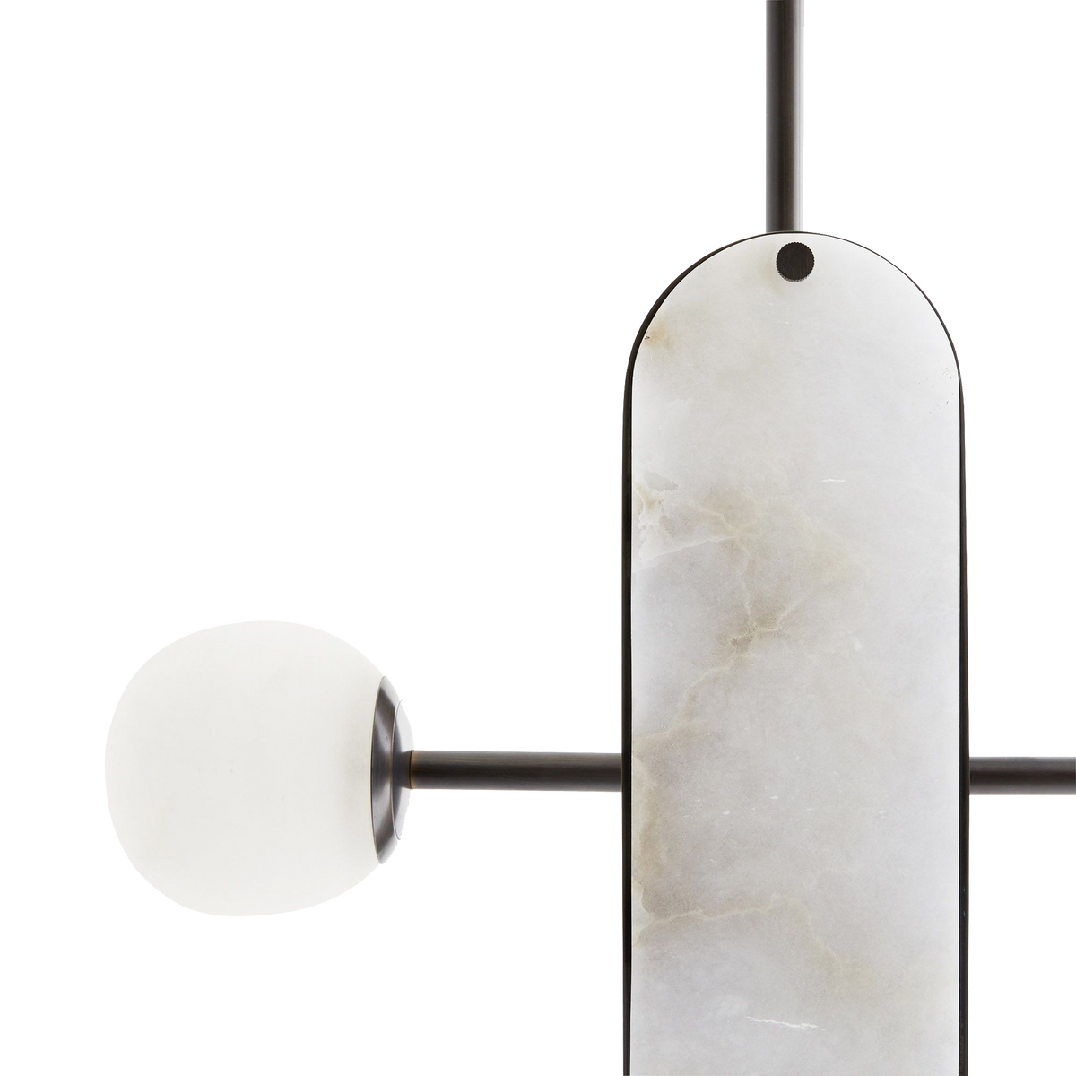 The Maradona Chandelier is styled in English bronze with an iron frame and white alabaster shades.