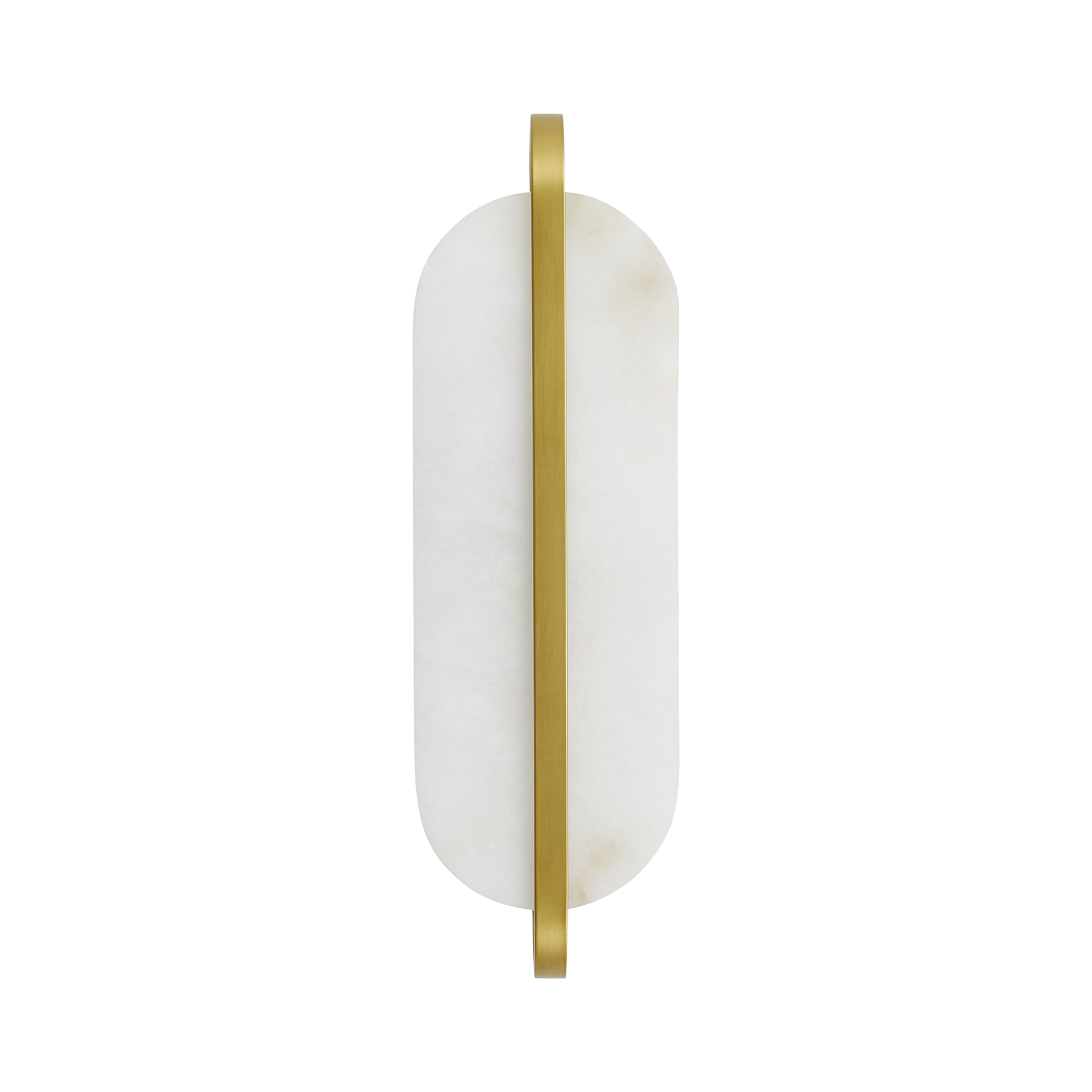 The Julius is a classically-modern design showcasing a capsule-shaped white alabaster foundation, met with an antique brass steel bracket perfectly centered.