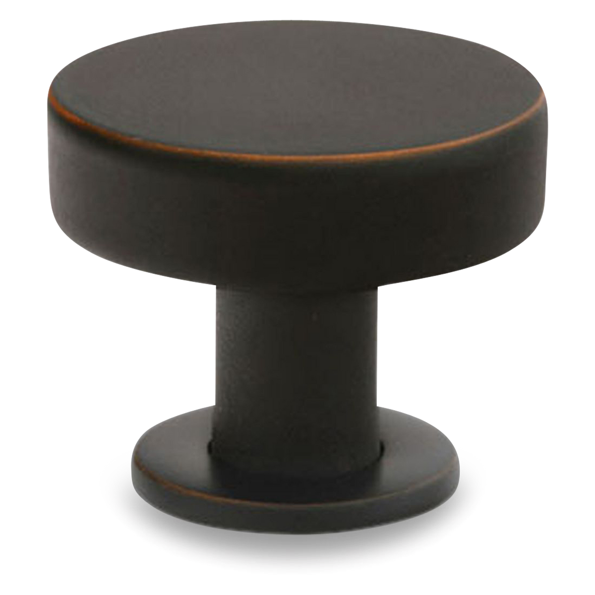A sleek and contemporary round knob with a flat face.