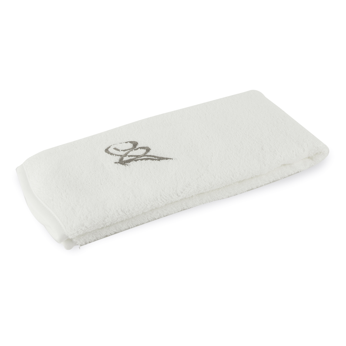 Monogrammed guest towel made of 100% white cotton with pewter/grey embroidered monogram.