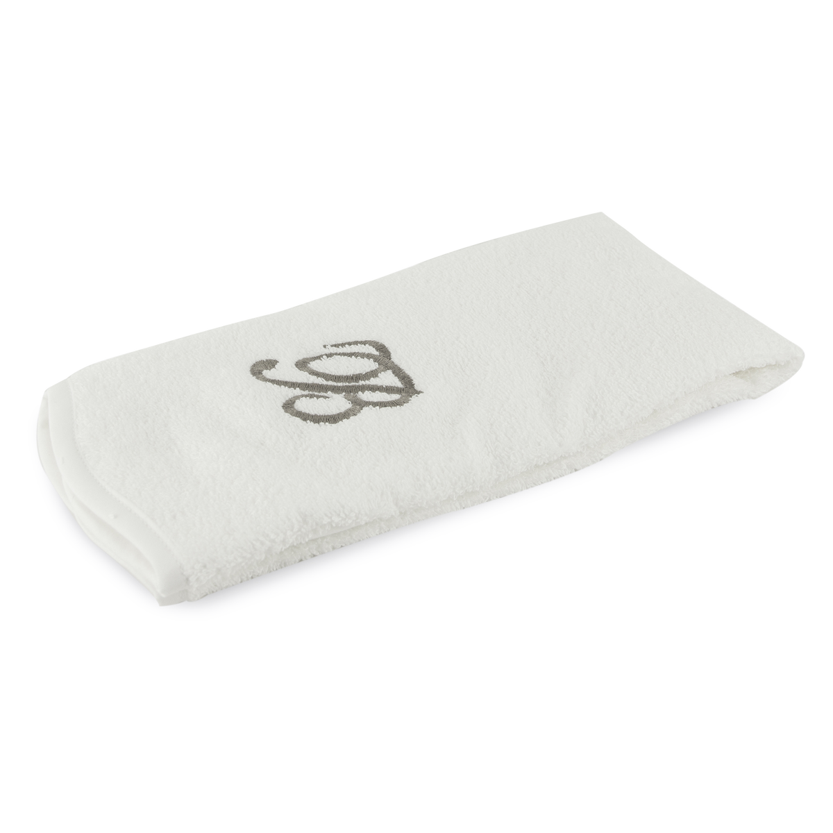 Monogrammed guest towel made of 100% white cotton with pewter/grey embroidered monogram.