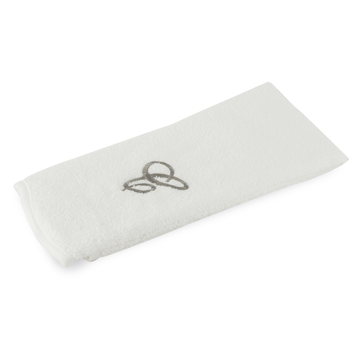 Monogrammed guest towel made of 100% white cotton with pewter/grey embroidered monogram.