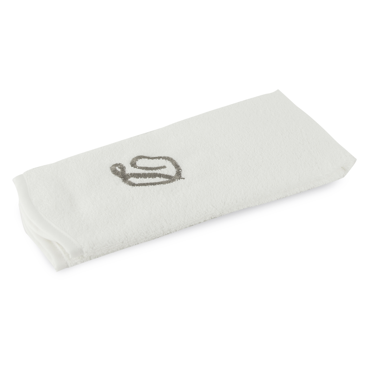Monogrammed guest towel made of 100% white cotton with pewter/grey embroidered monogram.