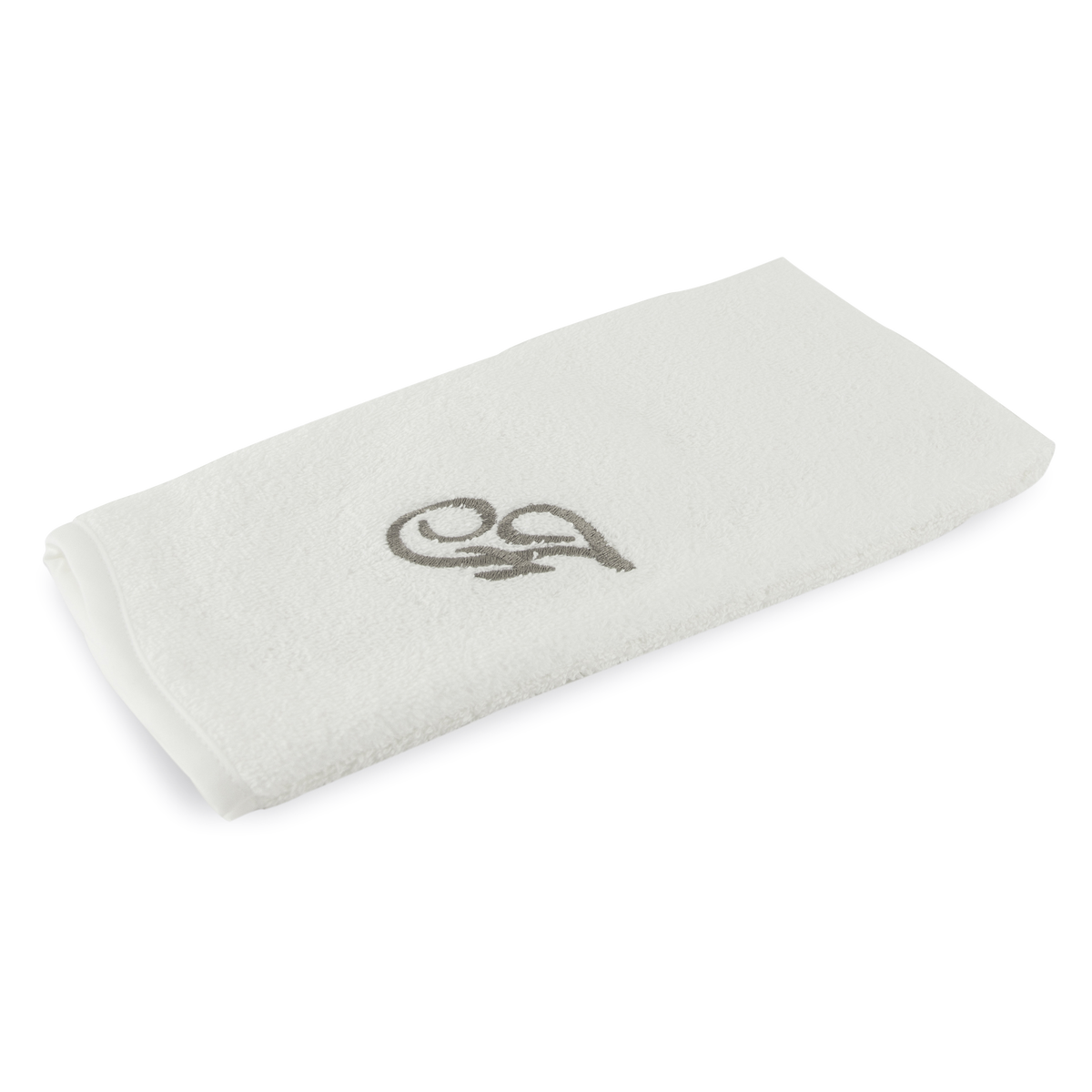 Monogrammed guest towel made of 100% white cotton with pewter/grey embroidered monogram.