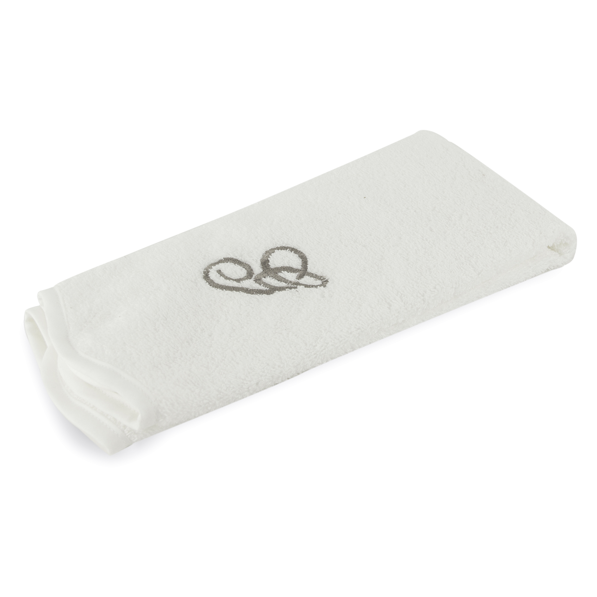 Monogrammed guest towel made of 100% white cotton with pewter/grey embroidered monogram.
