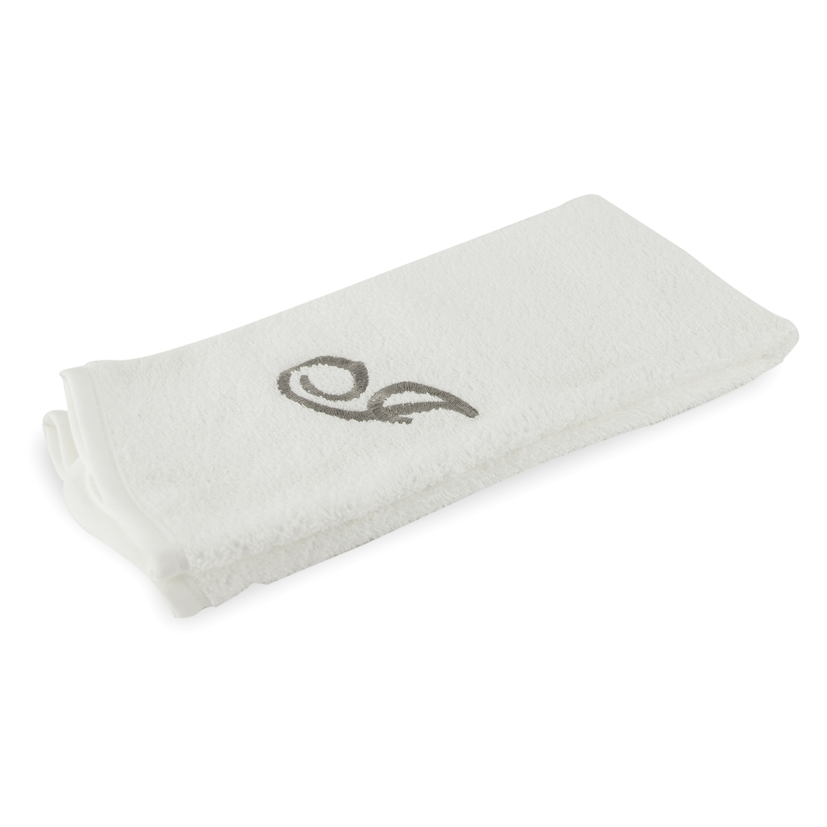Monogrammed guest towel made of 100% white cotton with pewter/grey embroidered monogram.
