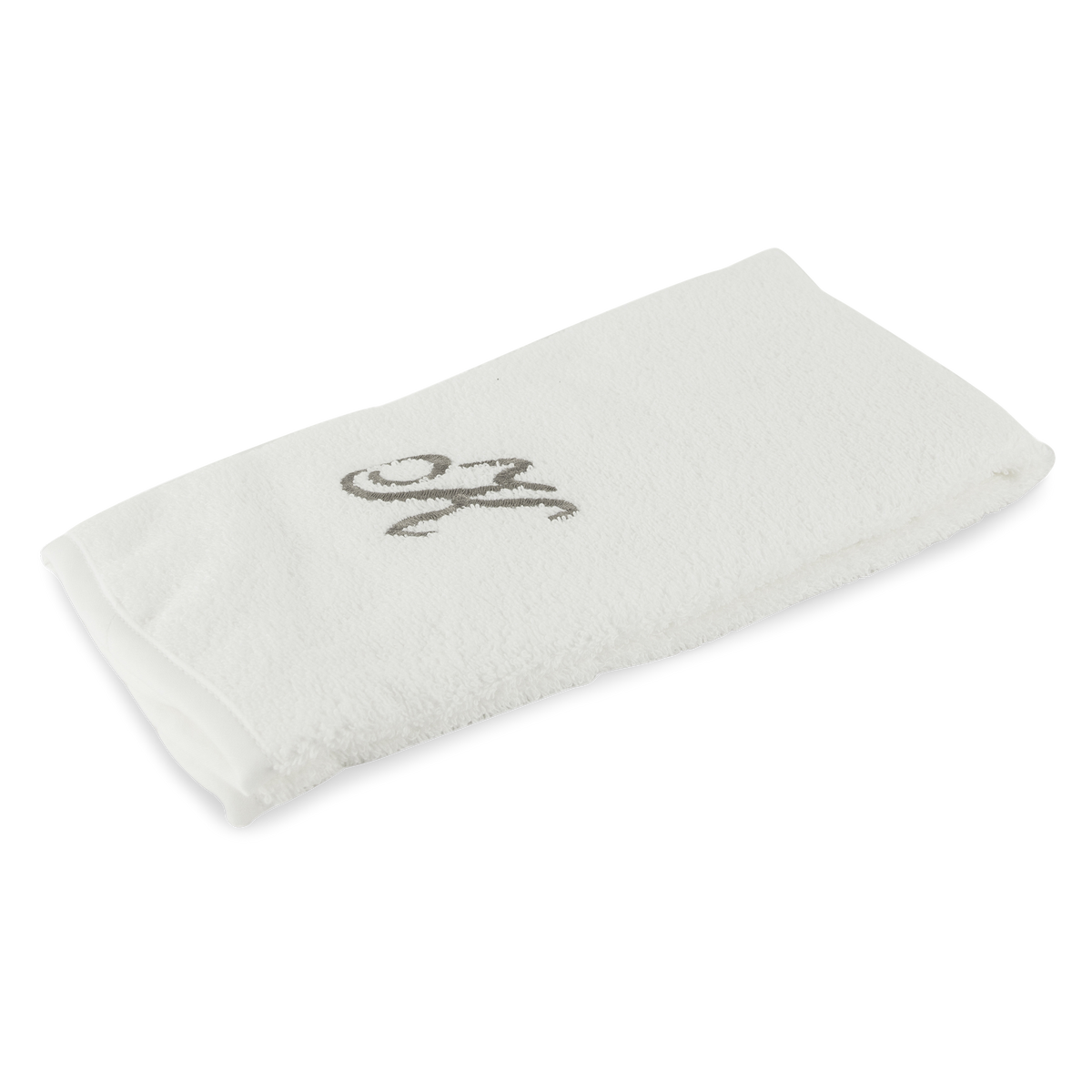 Monogrammed guest towel made of 100% white cotton with pewter/grey embroidered monogram.
