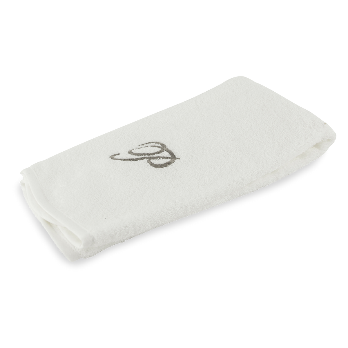 Monogrammed guest towel made of 100% white cotton with pewter/grey embroidered monogram.