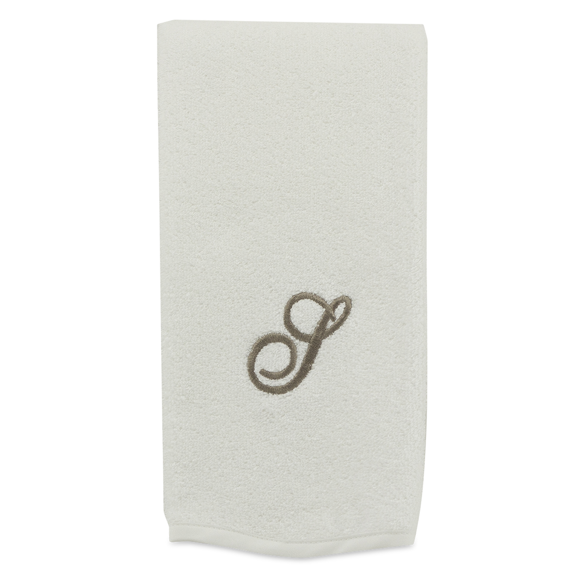 Monogrammed guest towel made of 100% white cotton with pewter/grey embroidered monogram.