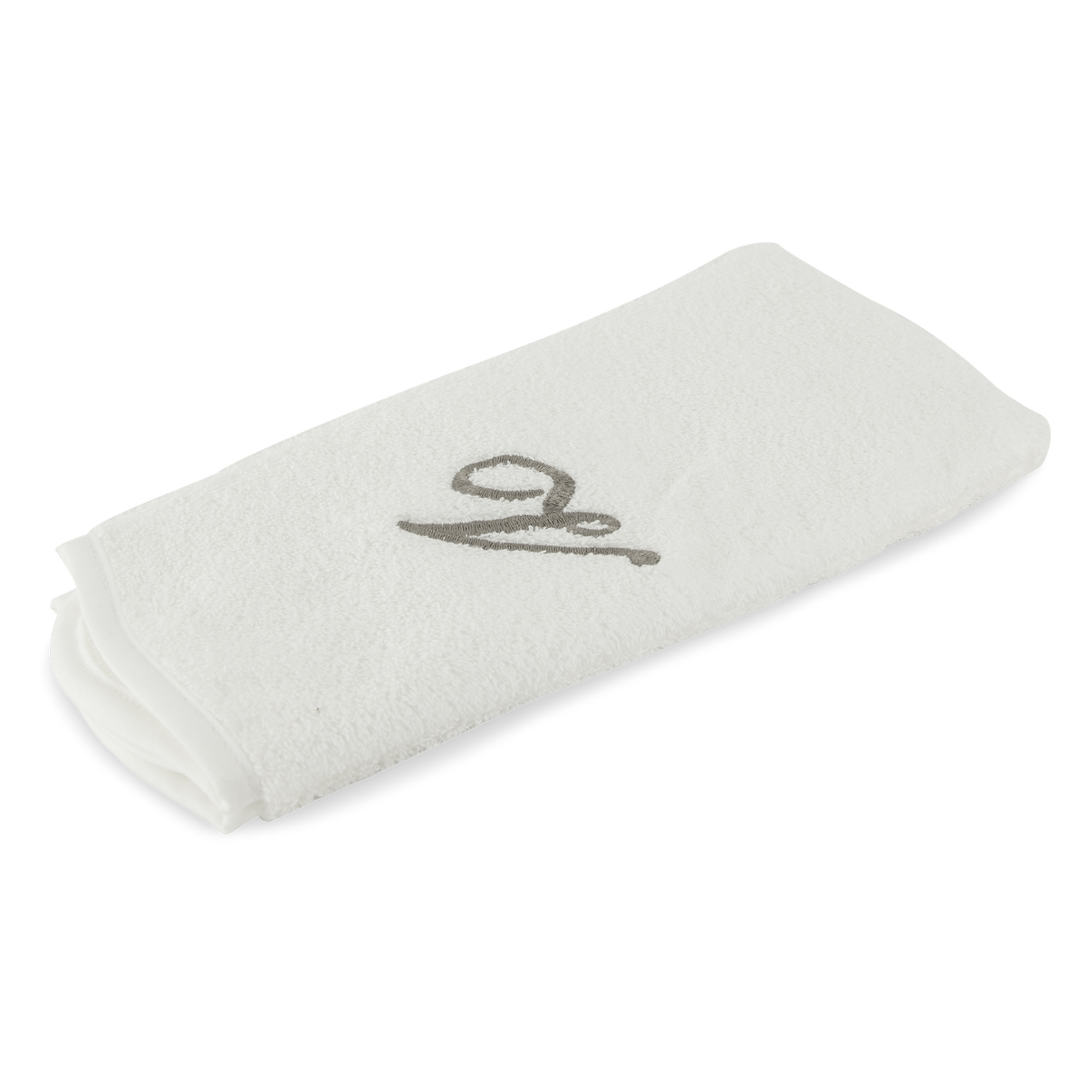 Monogrammed guest towel made of 100% white cotton with pewter/grey embroidered monogram.