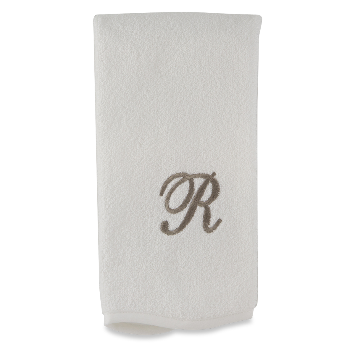 Monogrammed guest towel made of 100% white cotton with pewter/grey embroidered monogram.