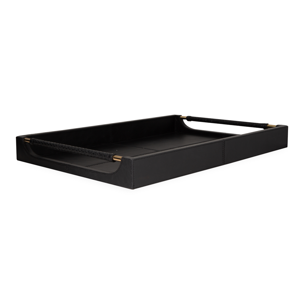 The Lenora Leather Trays features full-grain leather with brass hardware and woven handles.