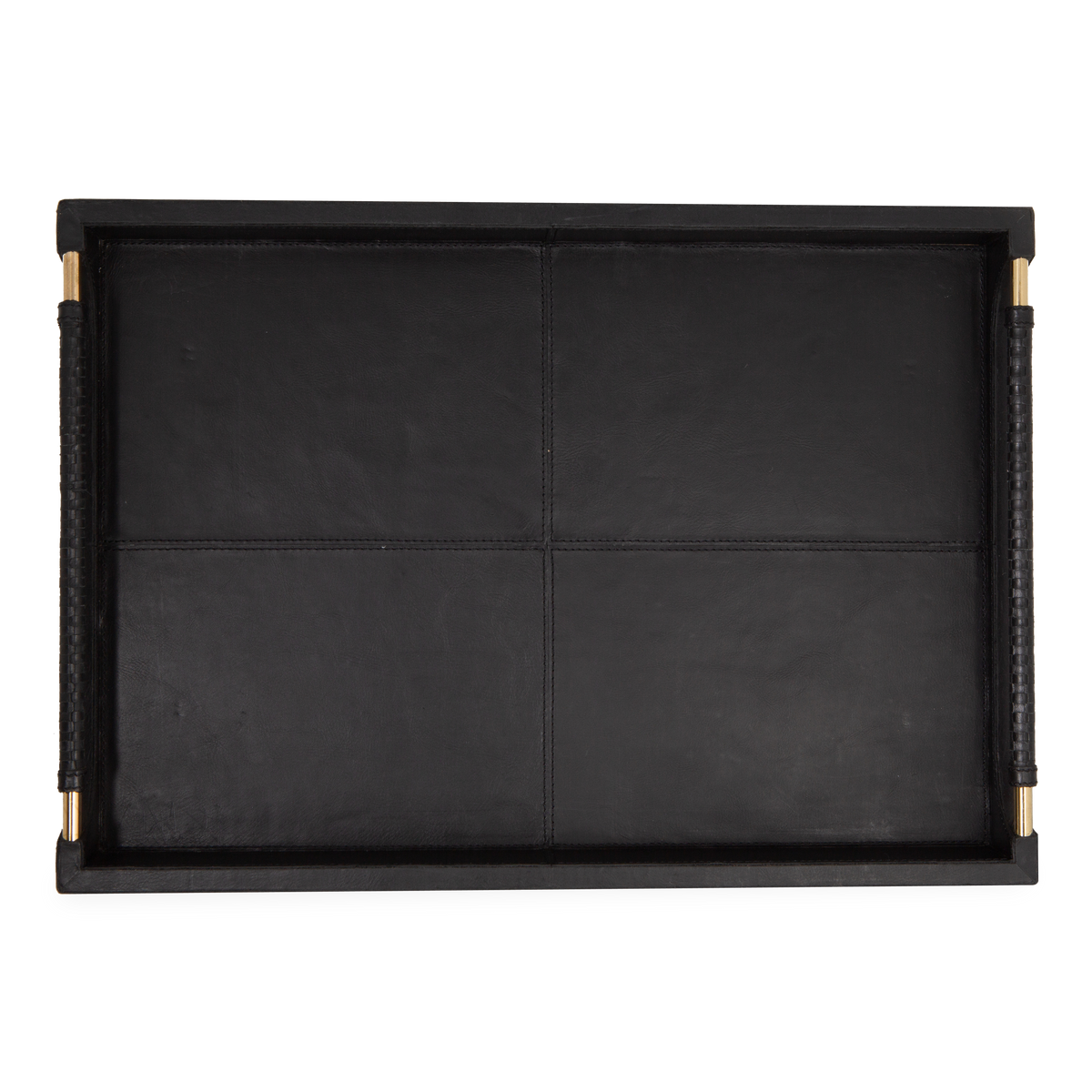 The Lenora Leather Trays features full-grain leather with brass hardware and woven handles.