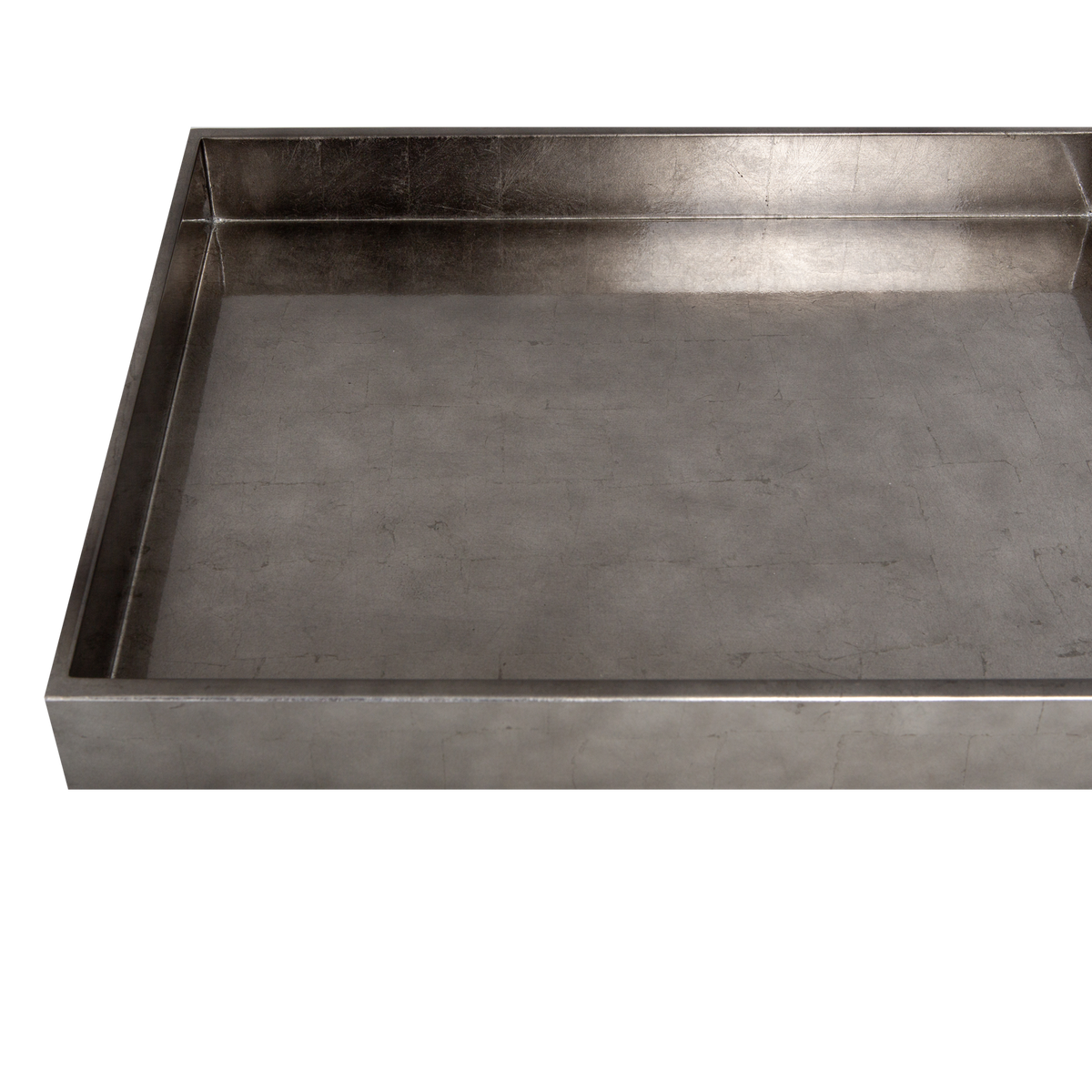 This elegant tray features a gunmetal silver leaf finish.