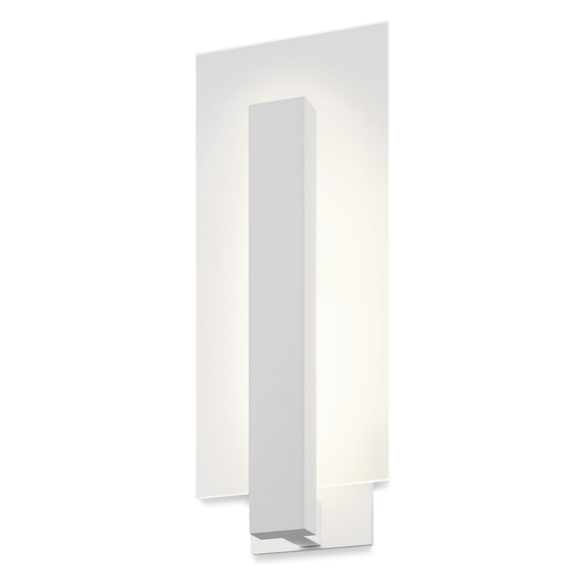 The classic modern elegance of this geometric sconce is created by a frosted glass rectangle set against a crisp rectangular beam, radiating the glow of its LED illumination.