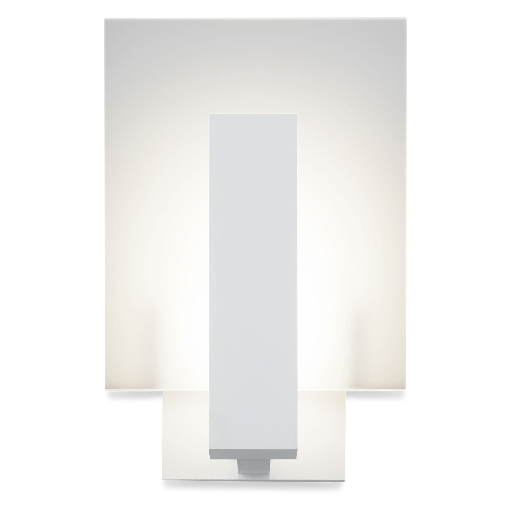The classic modern elegance of this geometric sconce is created by a frosted glass rectangle set against a crisp textured white rectangular beam, radiating the glow of its LED illu