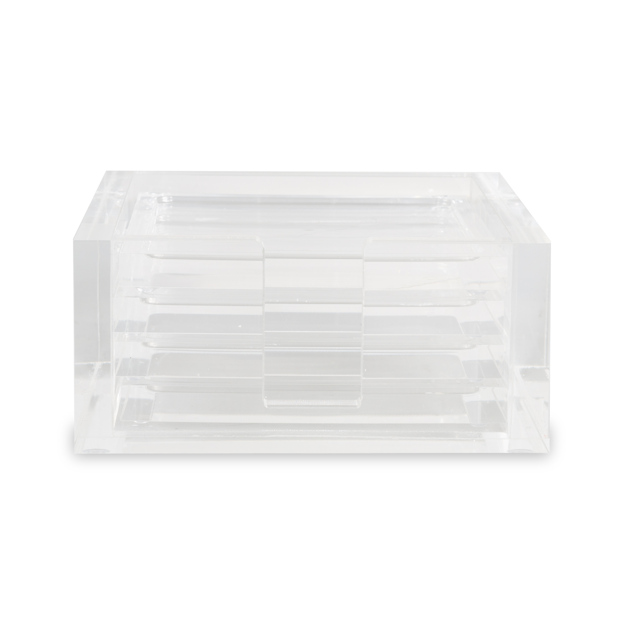These acrylic coasters in a clear finish offer a sleek way to protect your tabletops and keep your drinks in place.