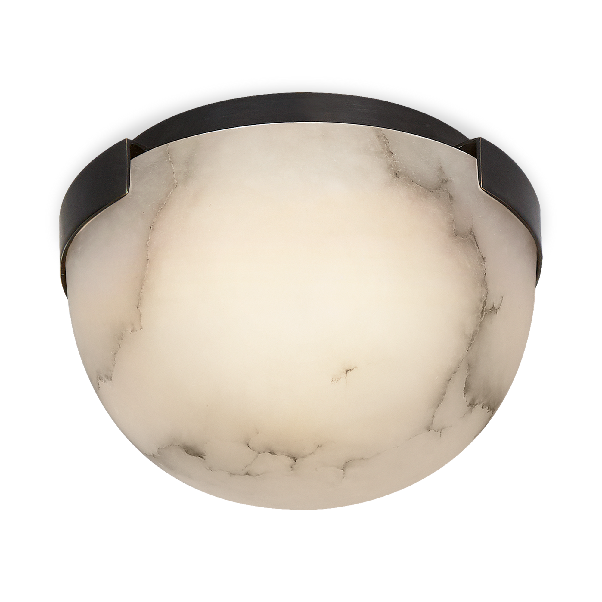 This dreamy celestial flush mount fixture is made of a circular gold-coloured alabaster shade and curved bronze frame.