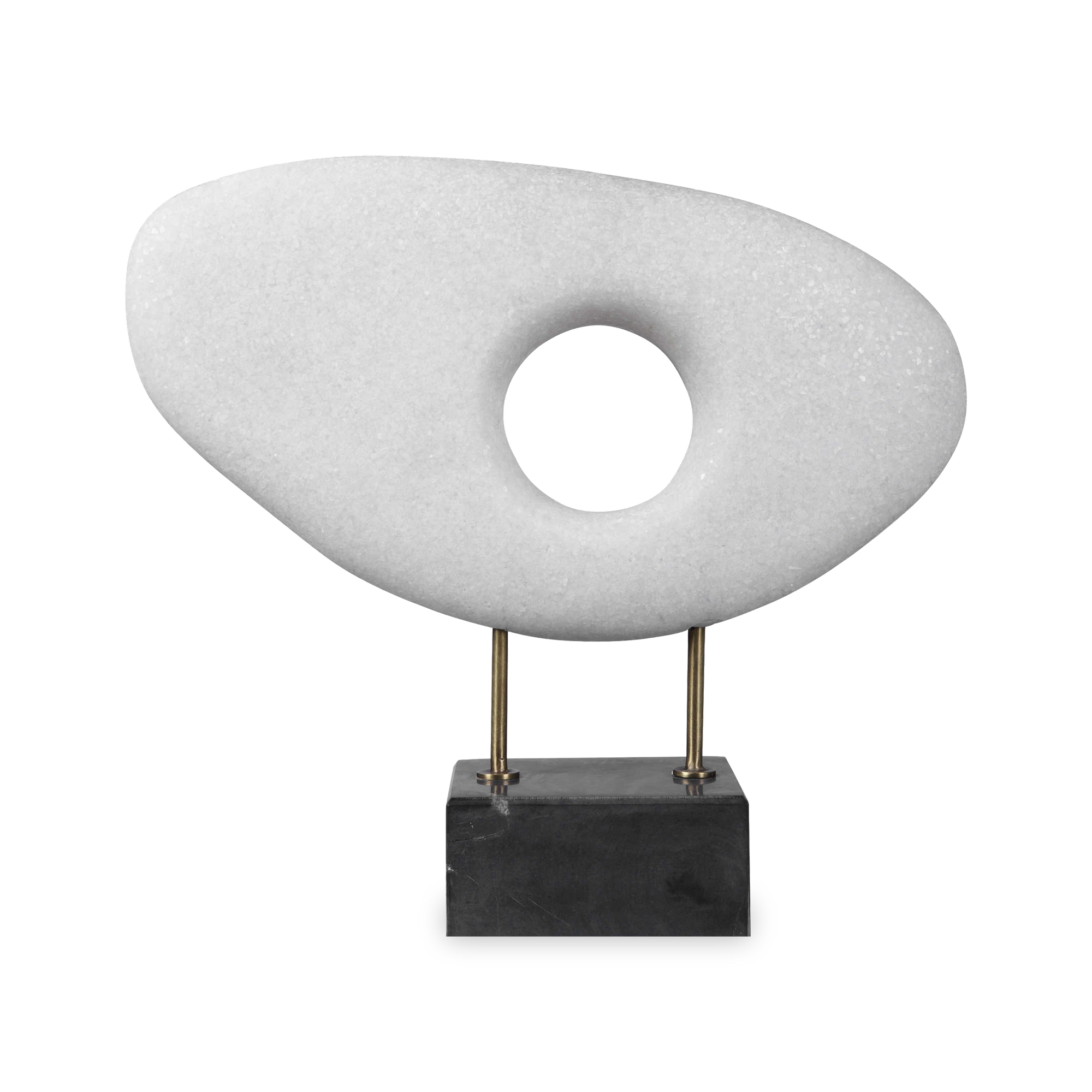 The monolithium shape executed in granulated marble that accurately replicates the look of Thassos marble with a honed black marble base and brass pegs is bound to become a highly