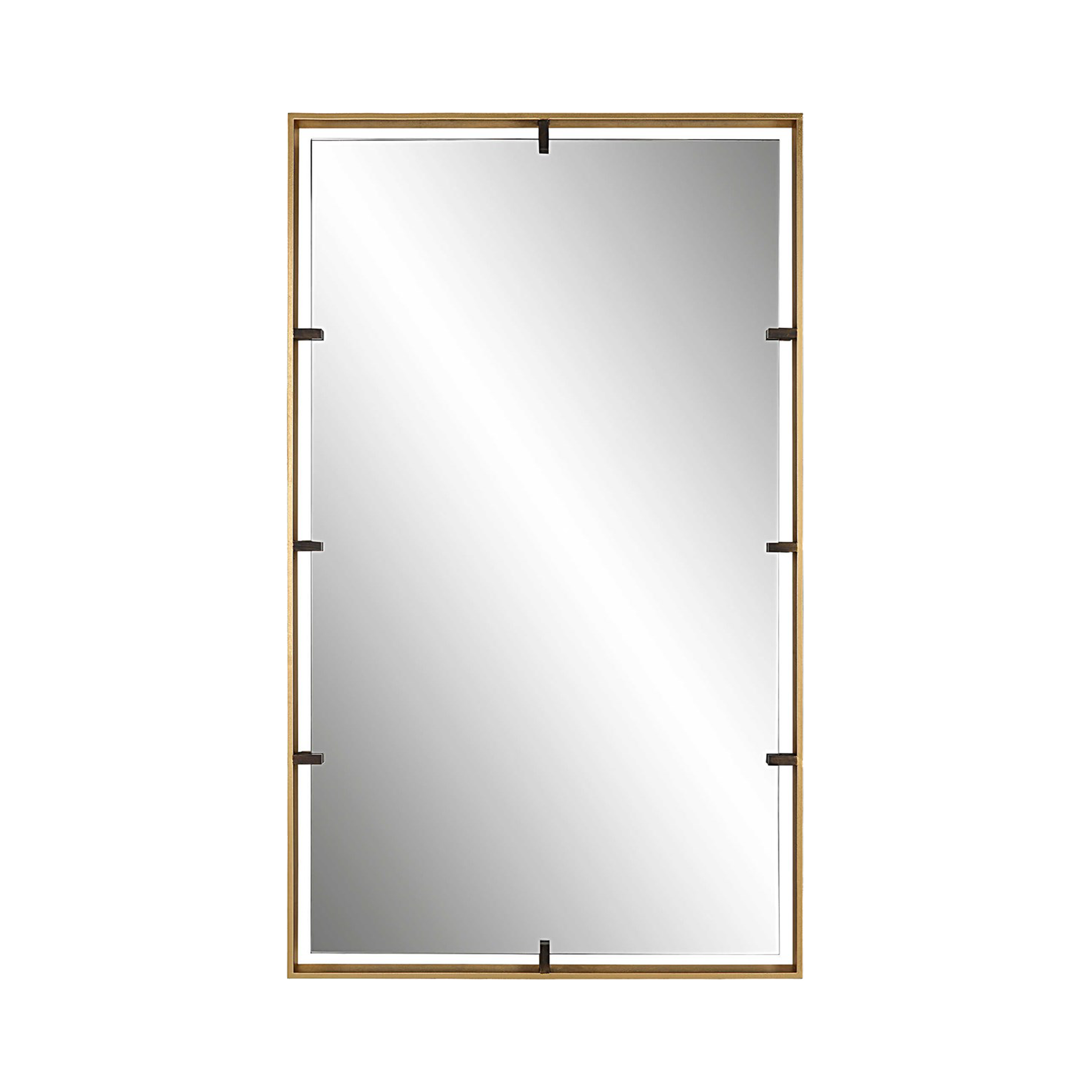 This mirror displays a 3-dimensional design with an outer iron frame finished in warm gold, surrounding a floating mirror held by aged bronze clips.