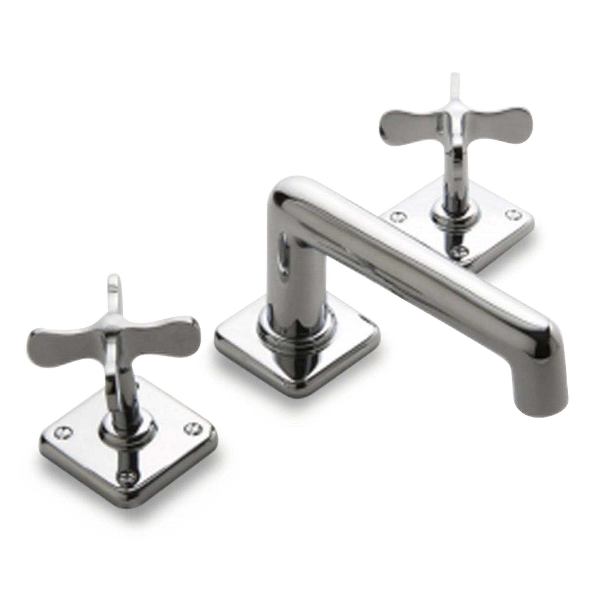 A transitional widespread faucet with cross handles.