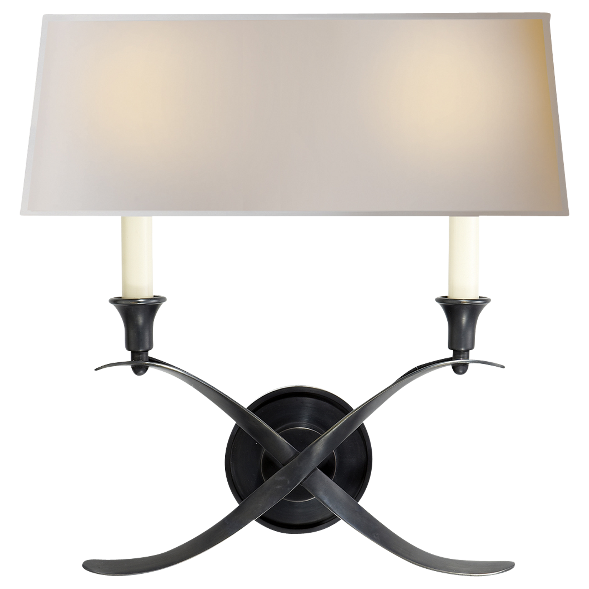 An ornamental yet simple bronze sconce with double candelabra lights and single natural paper shade.