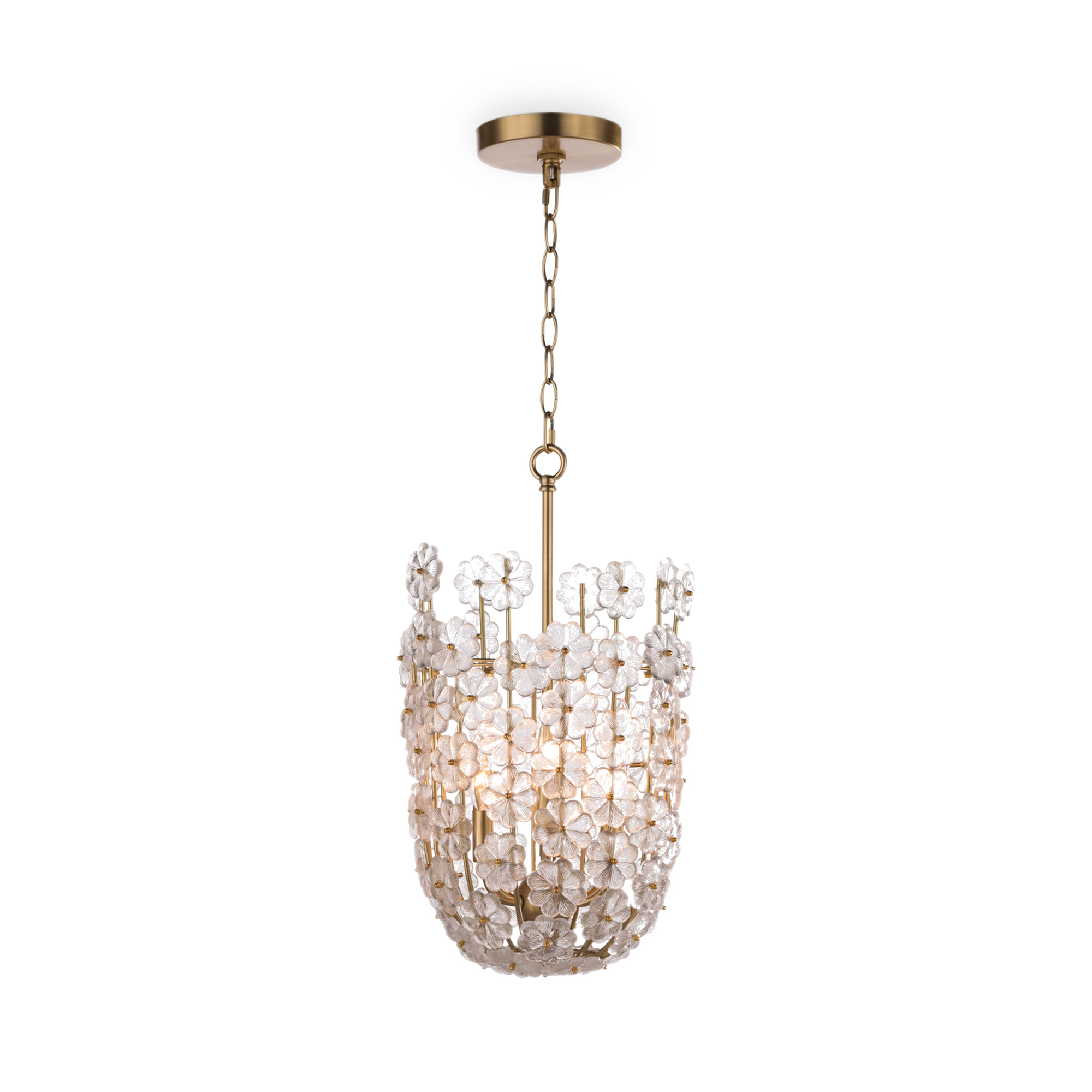 Delicate flower rosettes made of cast glass are complimented by a natural brass finish, which will add a beautiful and vintage touch to any room.