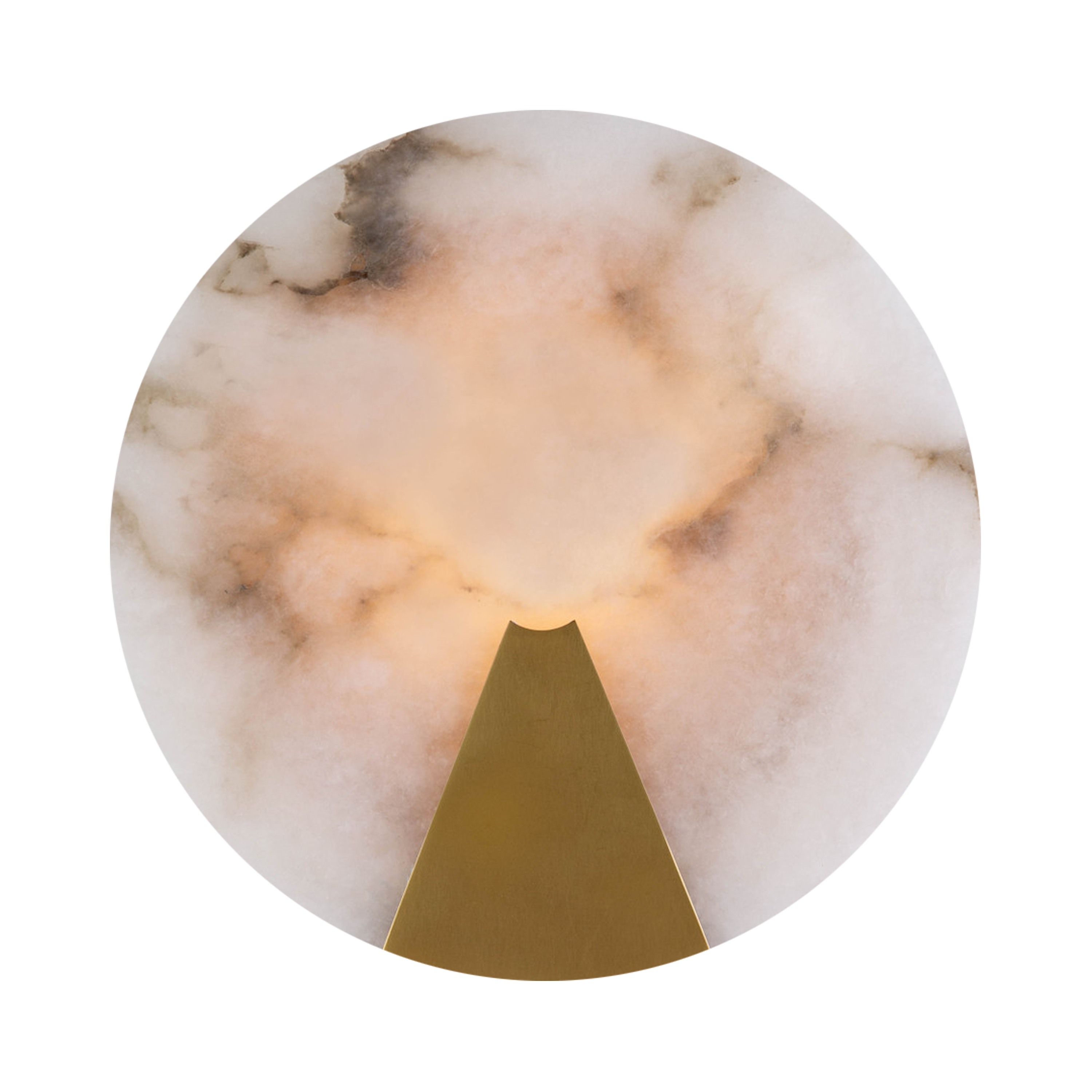 Cassius Wall Light showcases a round piece of natural alabaster secured by natural brass-finished metal framing.