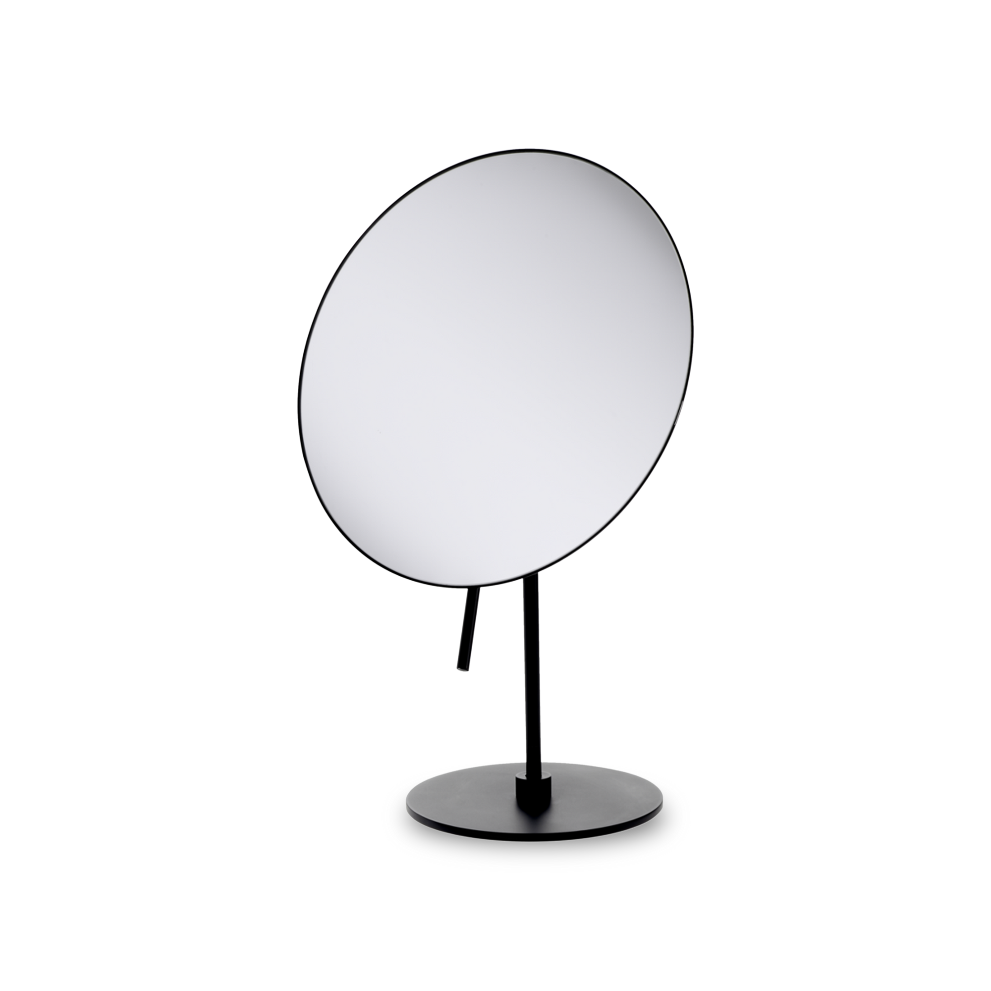 The Pivot Cosmetic Mirror is a pivoting freestanding cosmetic mirror in chrome with 3x magnification.