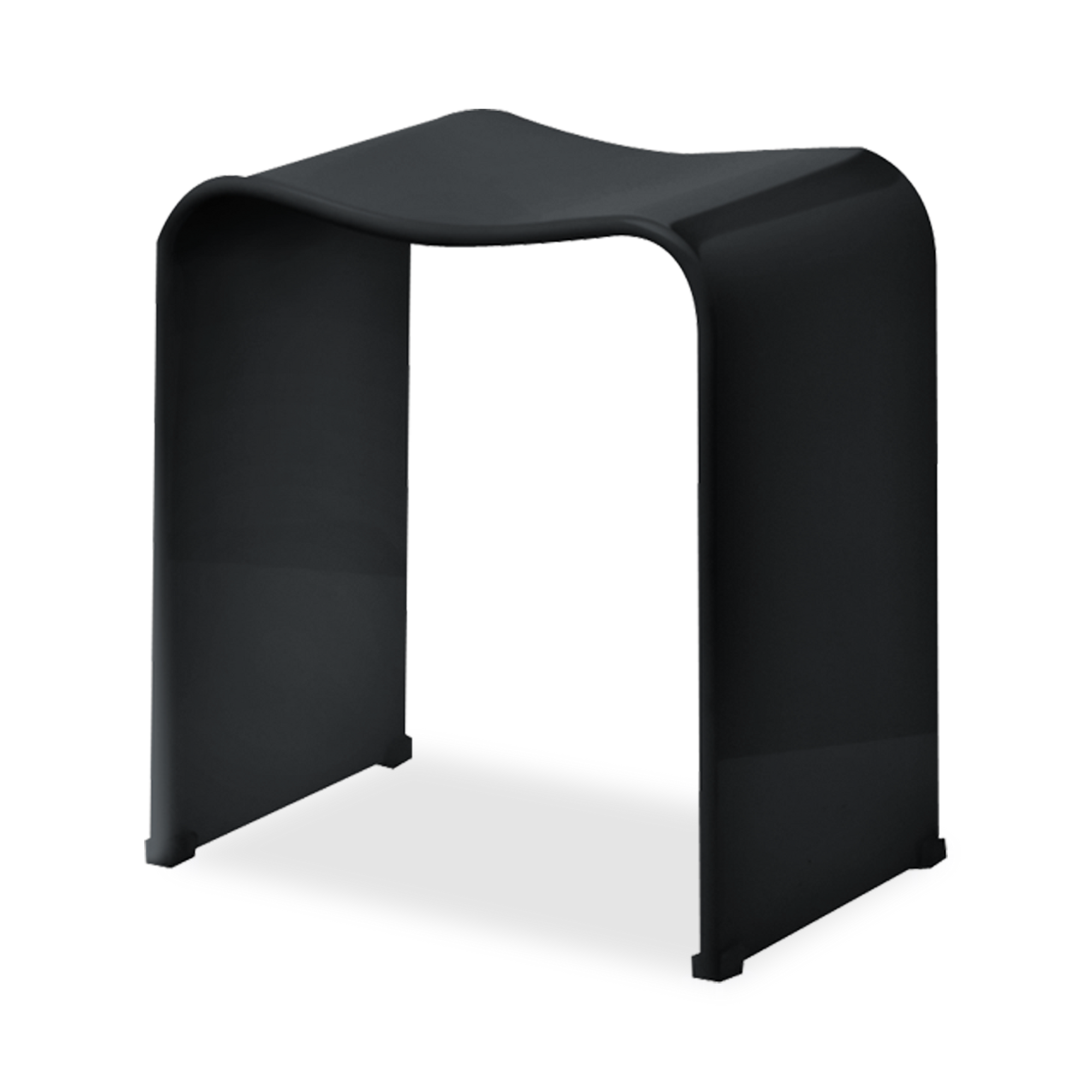 The Acrylic Bath Stool in black features a sleek design with elegant curves.