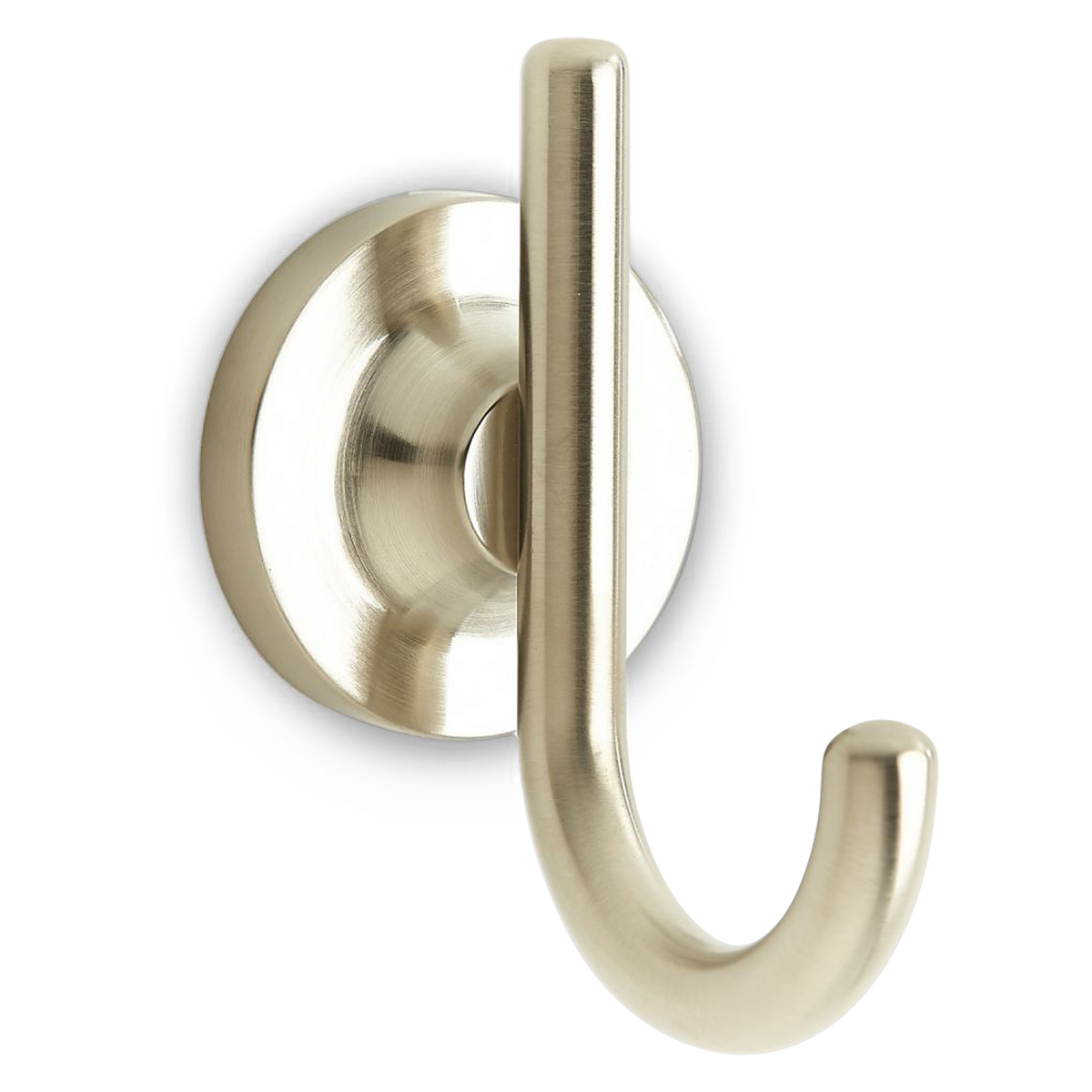 A magnificent, modern robe hook with a "J" shape and a sleek, circular base.