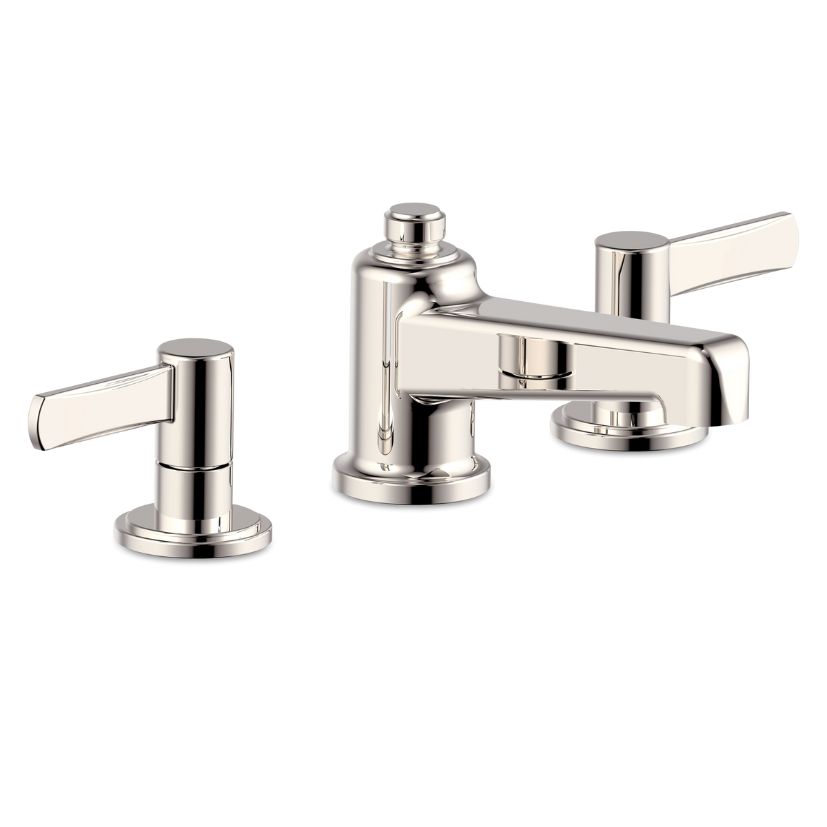 The Harrow widespread basin faucet with two lever handles has an industrial feel and modern esthetic inspired by the streamlined look of Art Deco.