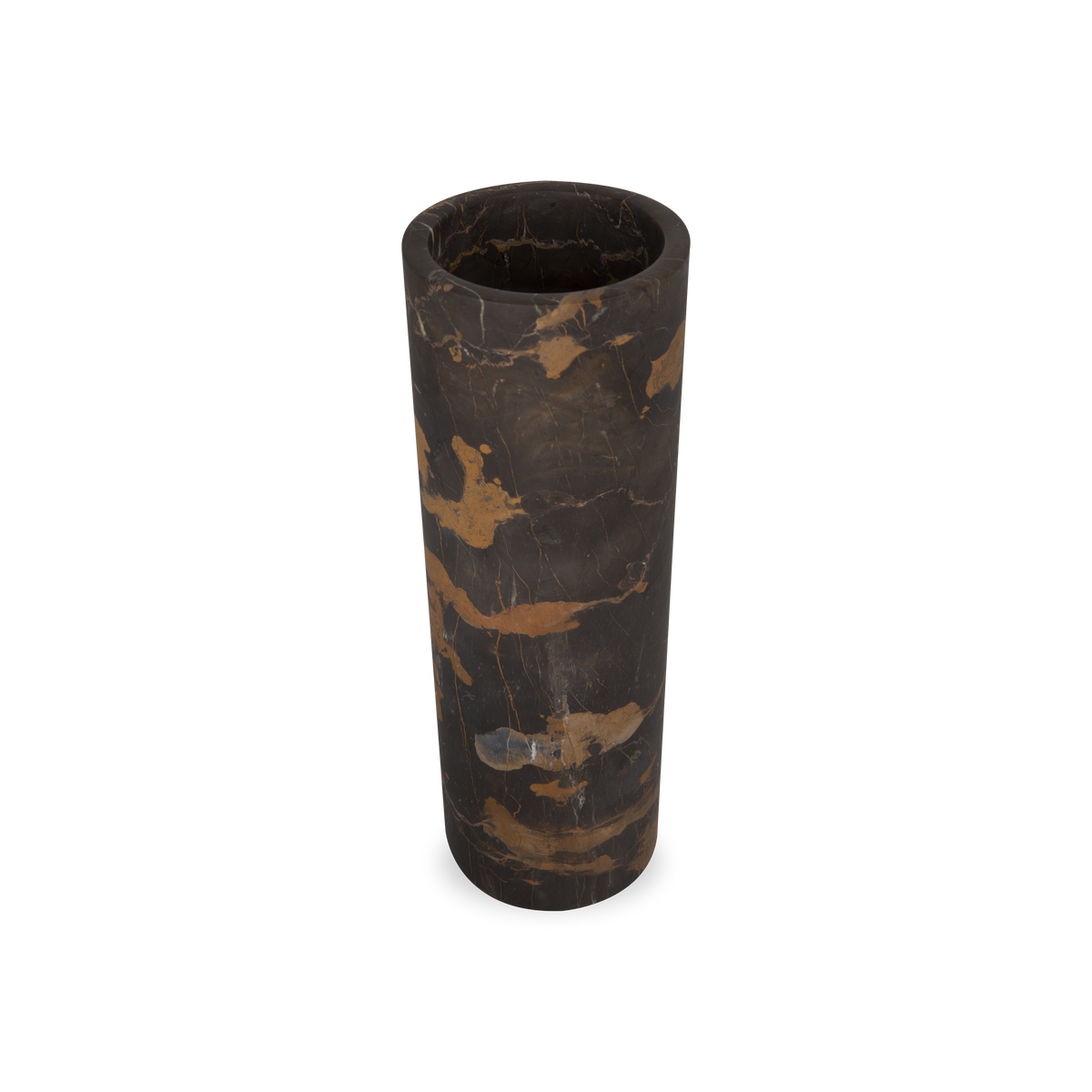 The Honed Marble Vase in black and gold marble vase strikes a moody yet dramatic statement.
