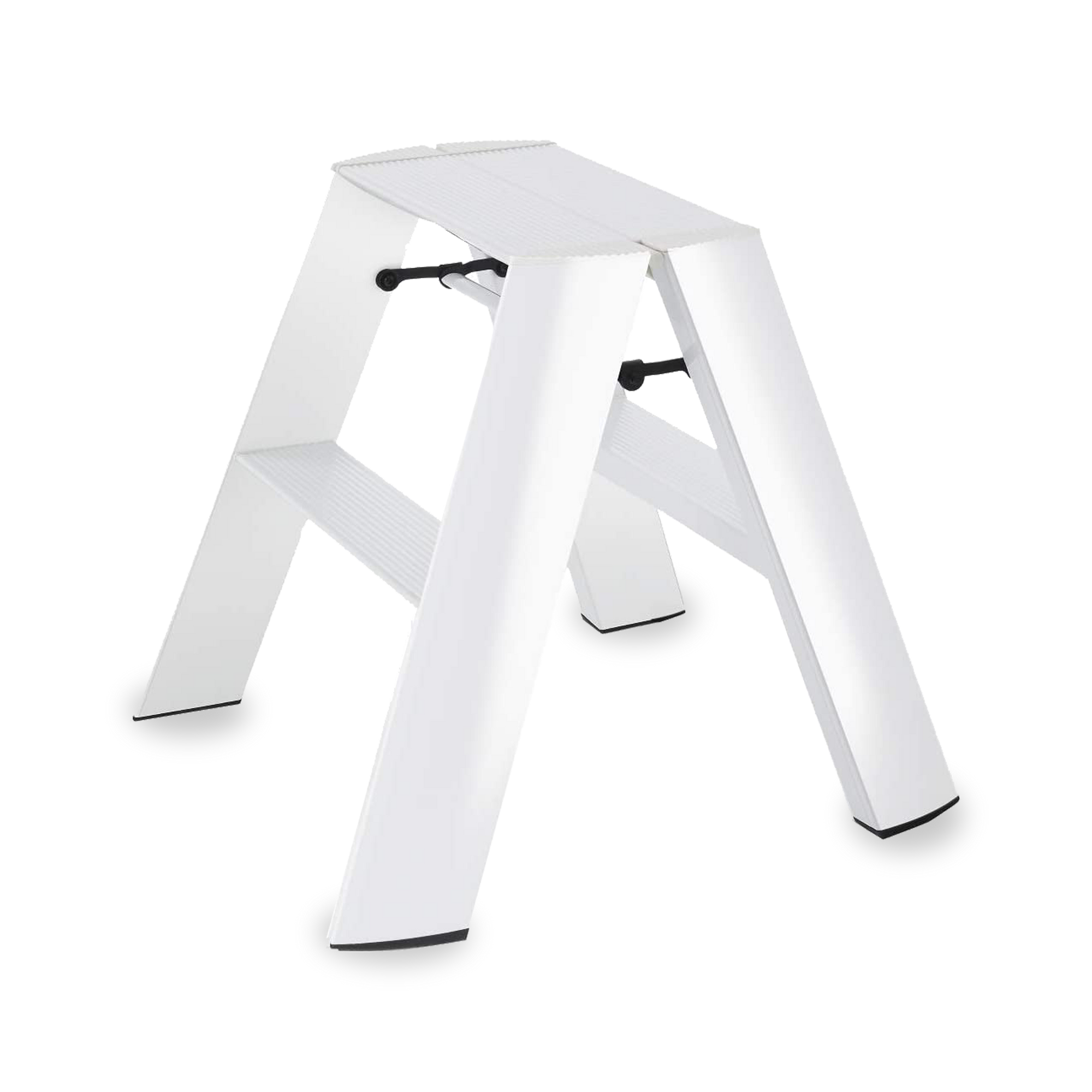The 2 Step Ladder in white is incredibly slim when folded but features wide legs to reinforce stability and safety.