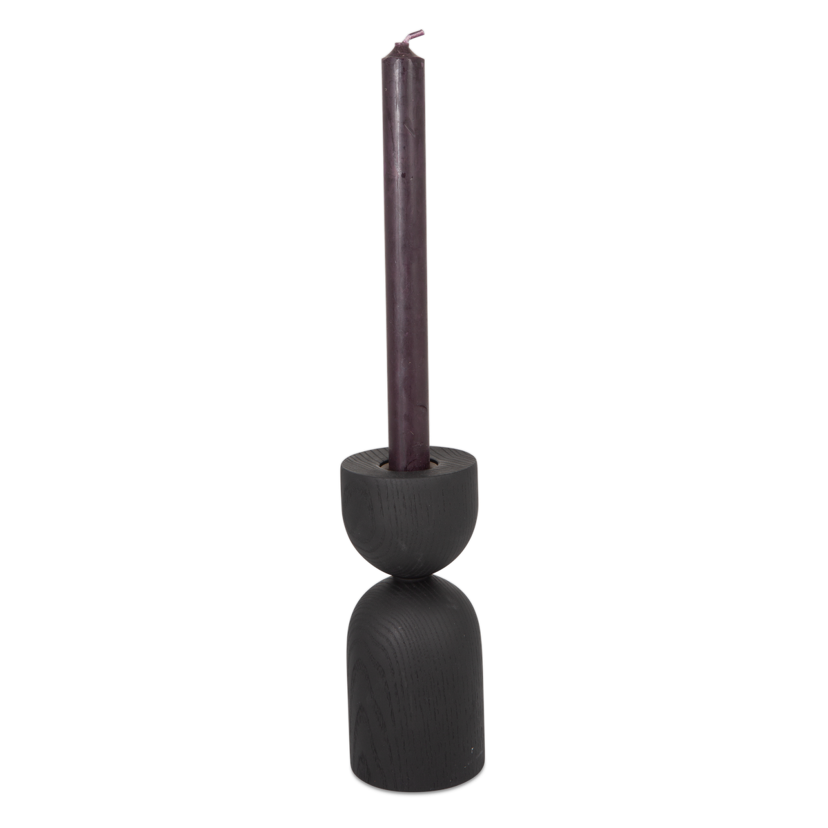 Turned from solid ebonized ash wood, the Hourglass Taper Candleholder feature distinct and eye-catching forms.