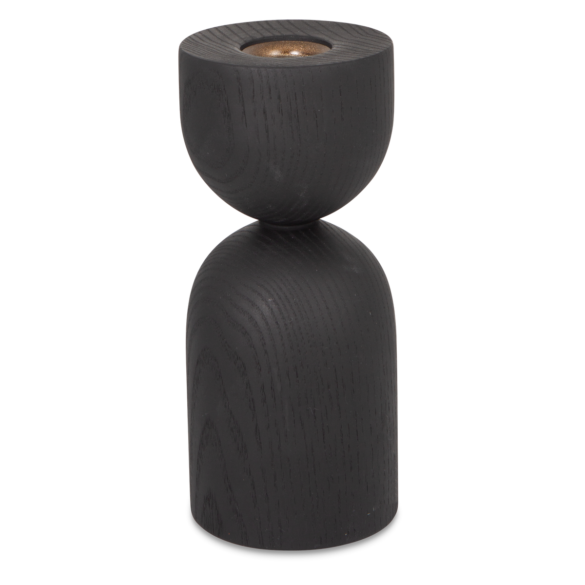 Turned from solid ebonized ash wood, the Hourglass Taper Candleholder feature distinct and eye-catching forms.